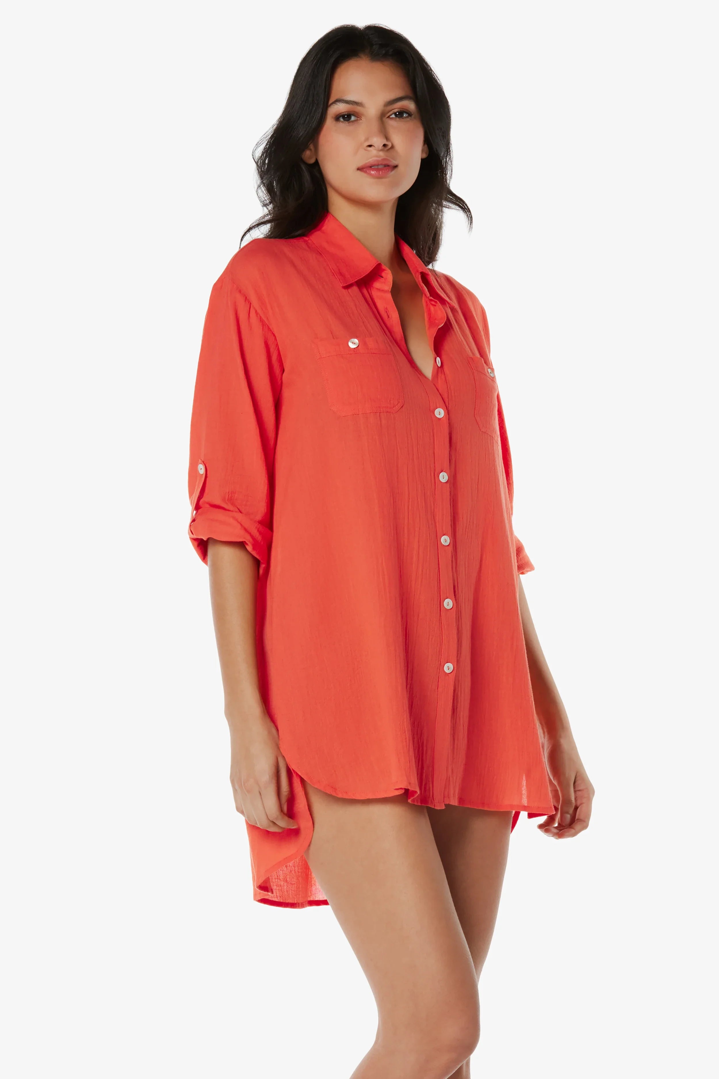 Lightweight Camp Shirt Cover Up for Women - Coral Beachwear for Summer Vacations & Poolside Relaxation
