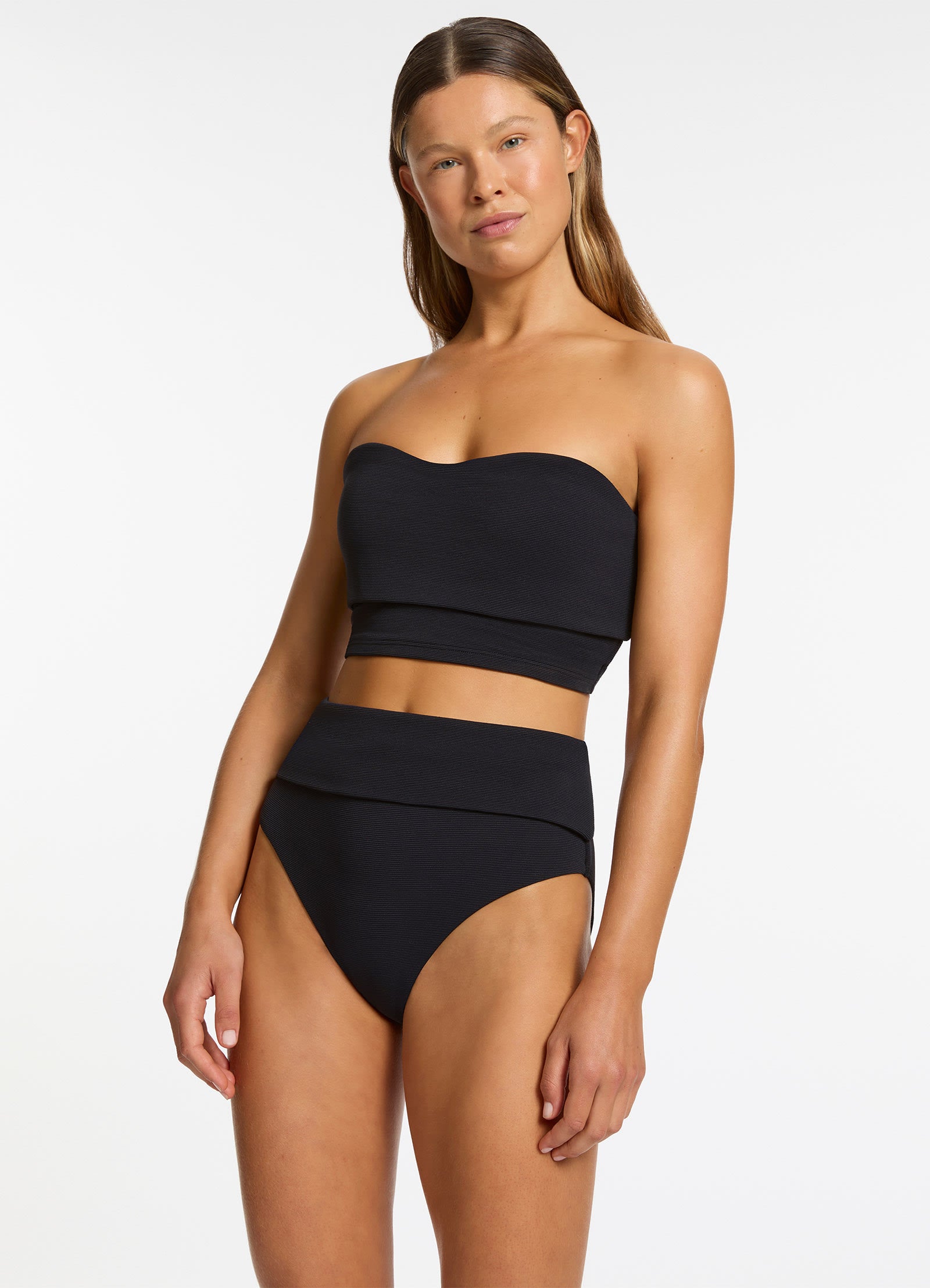 Isla Rib Fold Down High Waisted Bikini Bottom - Black Swimwear for Women | Beach Vacation, Pool Party, Summer Swimwear