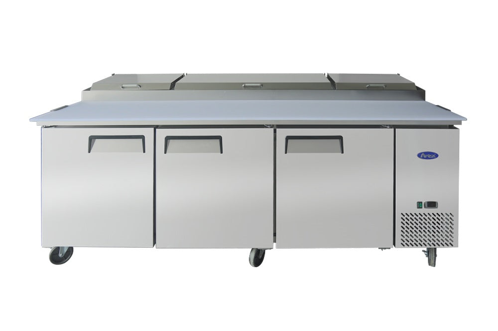 Atosa MPF8203 Commercial 3-Door Pizza Prep Table Refrigerator - Stainless Steel Countertop Refrigerator for Restaurants, Pizzerias & Food Service Businesses