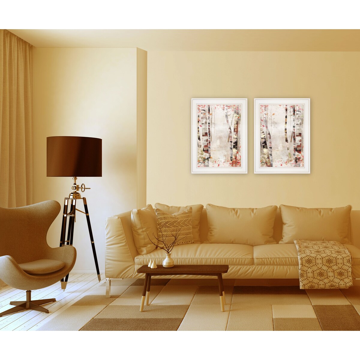 Ken Roko Abstract Birchwood Paths 2-Piece Wall Art Set - White Framed Canvas Paintings for Living Room & Bedroom Decor