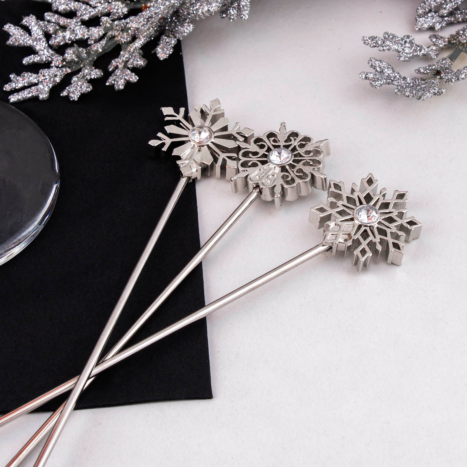 BarConic® Snowflakes Cocktail Picks - Set of 4 Stainless Steel Drink Stirrers for Holiday Parties, Christmas Cocktails & Winter Themed Events