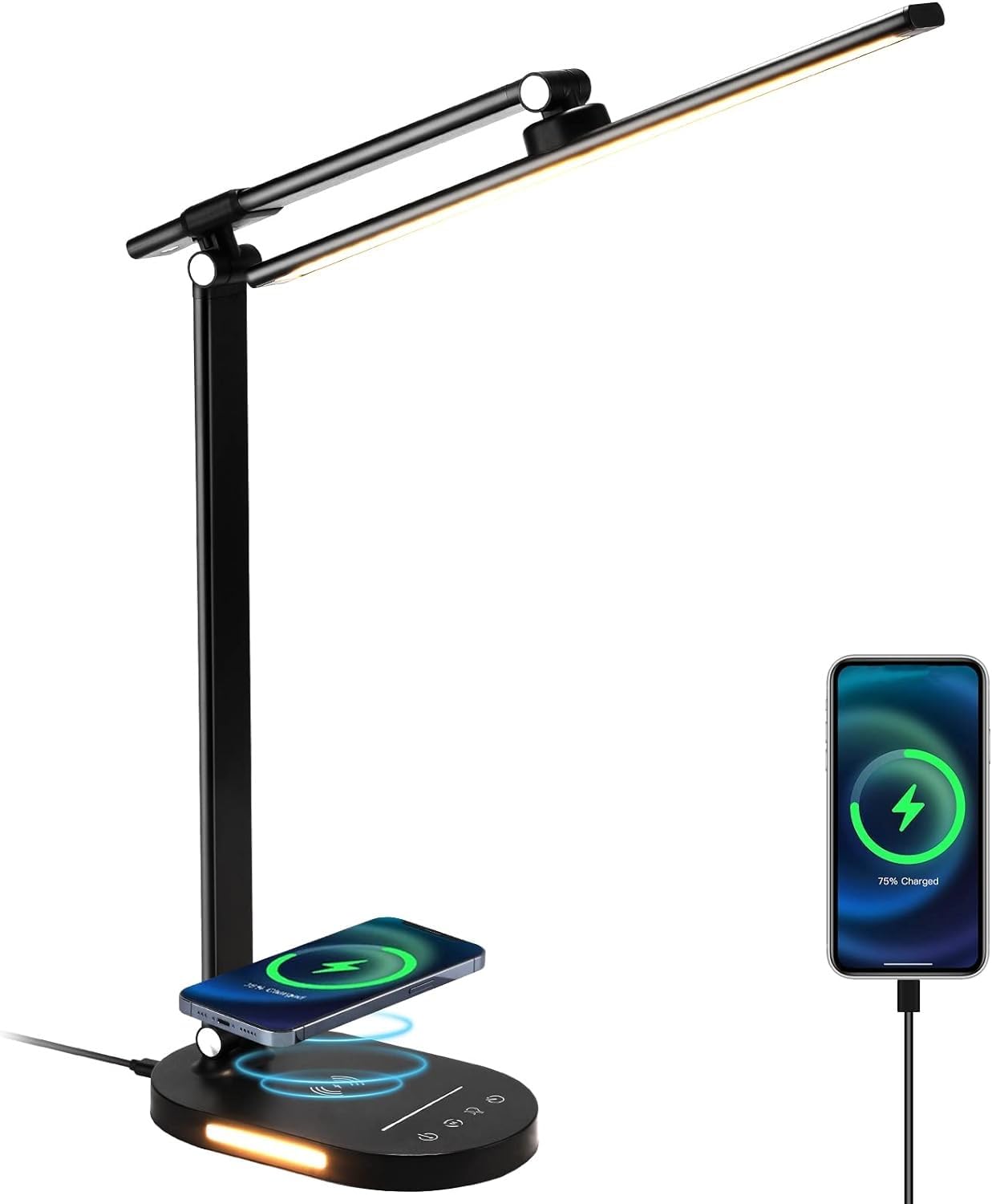 Lightess LED Desk Lamp with Wireless Charger, USB Port, Touch Control - 5 Color Modes & 5 Brightness Levels, Auto Timer, Eye-Caring Study Lamp for Office, Home, Reading & Night Use - Black