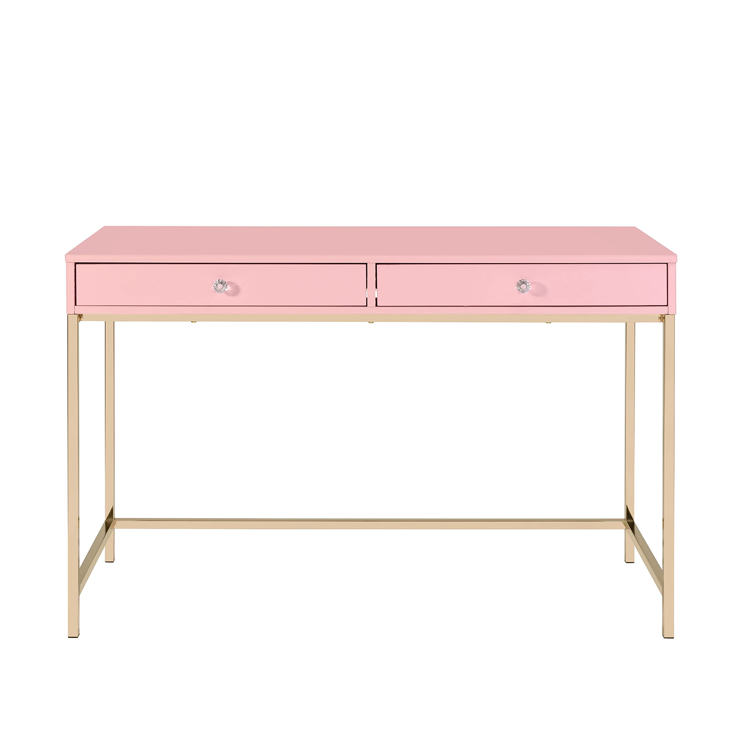 Modern Pink Writing Desk with 2 Drawers - Contemporary Home Office Computer Desk with Sturdy Metal Legs, Multifunctional Study Desk & Makeup Vanity Table for Small Spaces, Bedroom & Dorm Room
