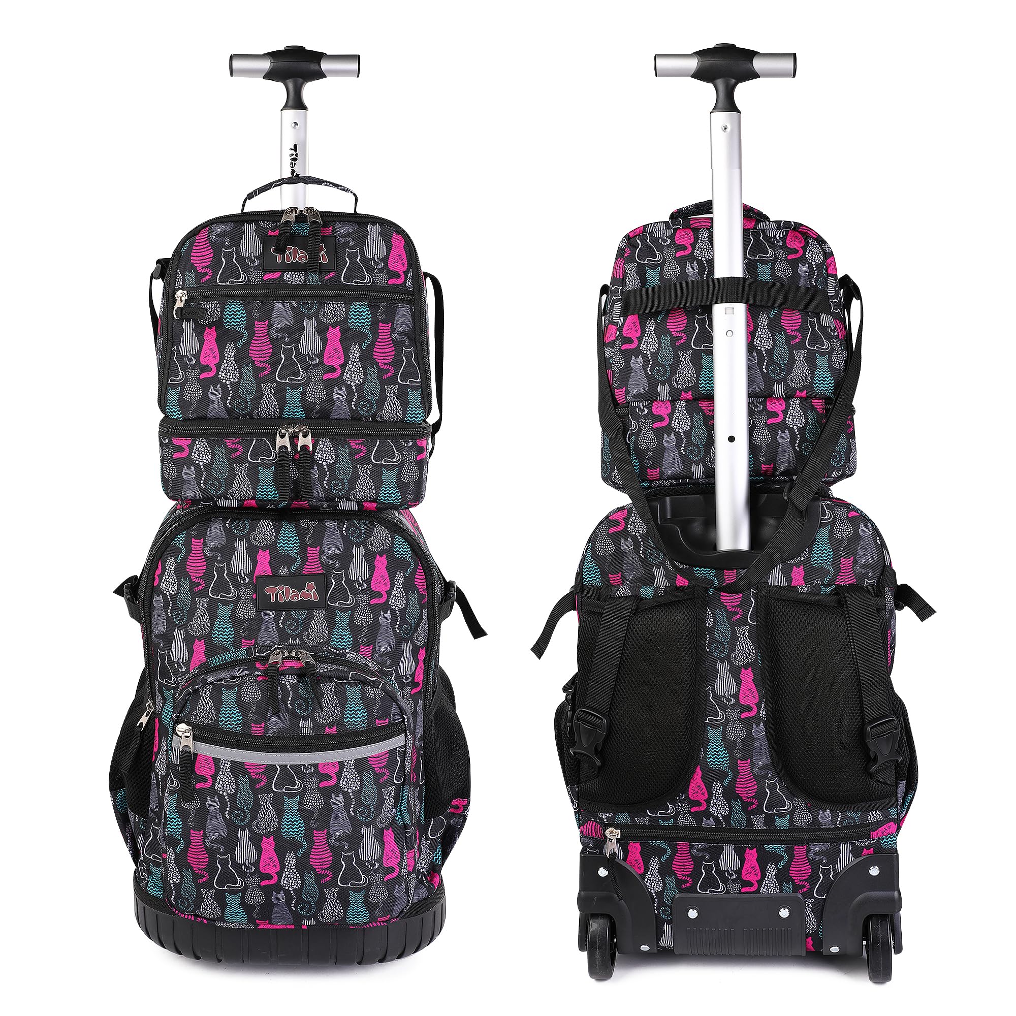 Tilami 19 Inch Rolling Backpack with Lunchbox - Wheeled Laptop Backpack for School & Travel - Durable Cat Black Design for Students & Professionals