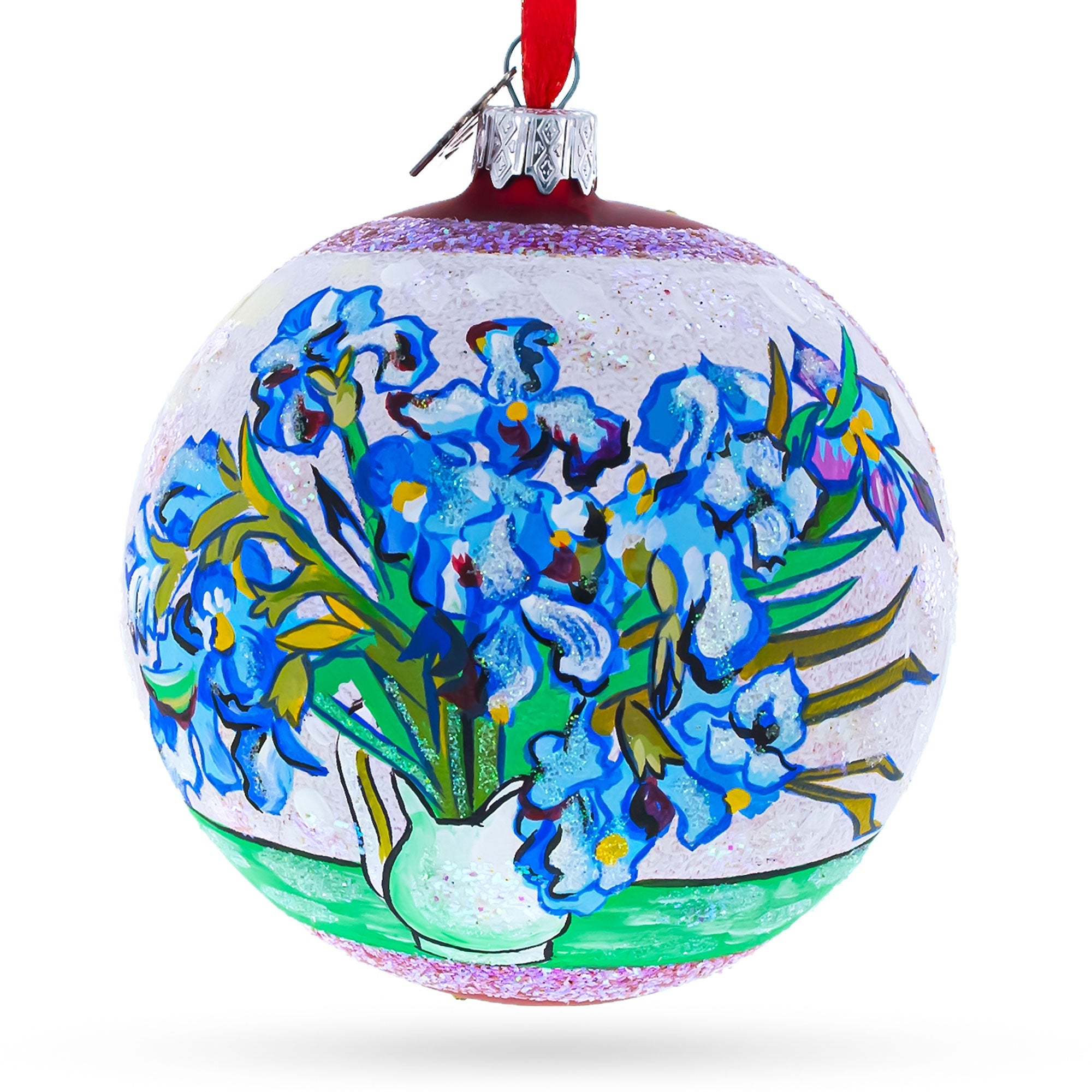 Vincent van Gogh Irises Glass Ball Christmas Ornament - 4 Inch Hand-Painted Holiday Decoration for Tree, Home & Gift Giving