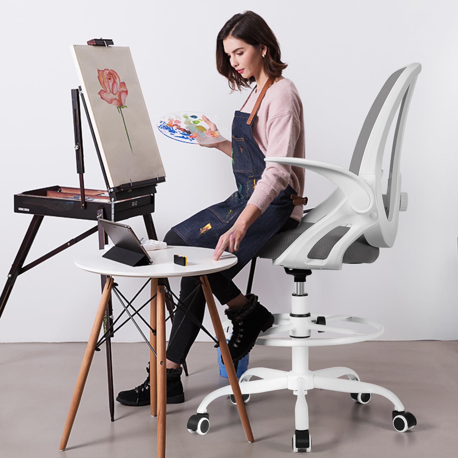 Ergonomic Drafting Chair with Adjustable Lumbar Support & Flip-Up Armrests - Tall Office Stool with Footrest Ring for Standing Desk - Light Gray Executive Computer Chair for Home Office, Studio & Workspace