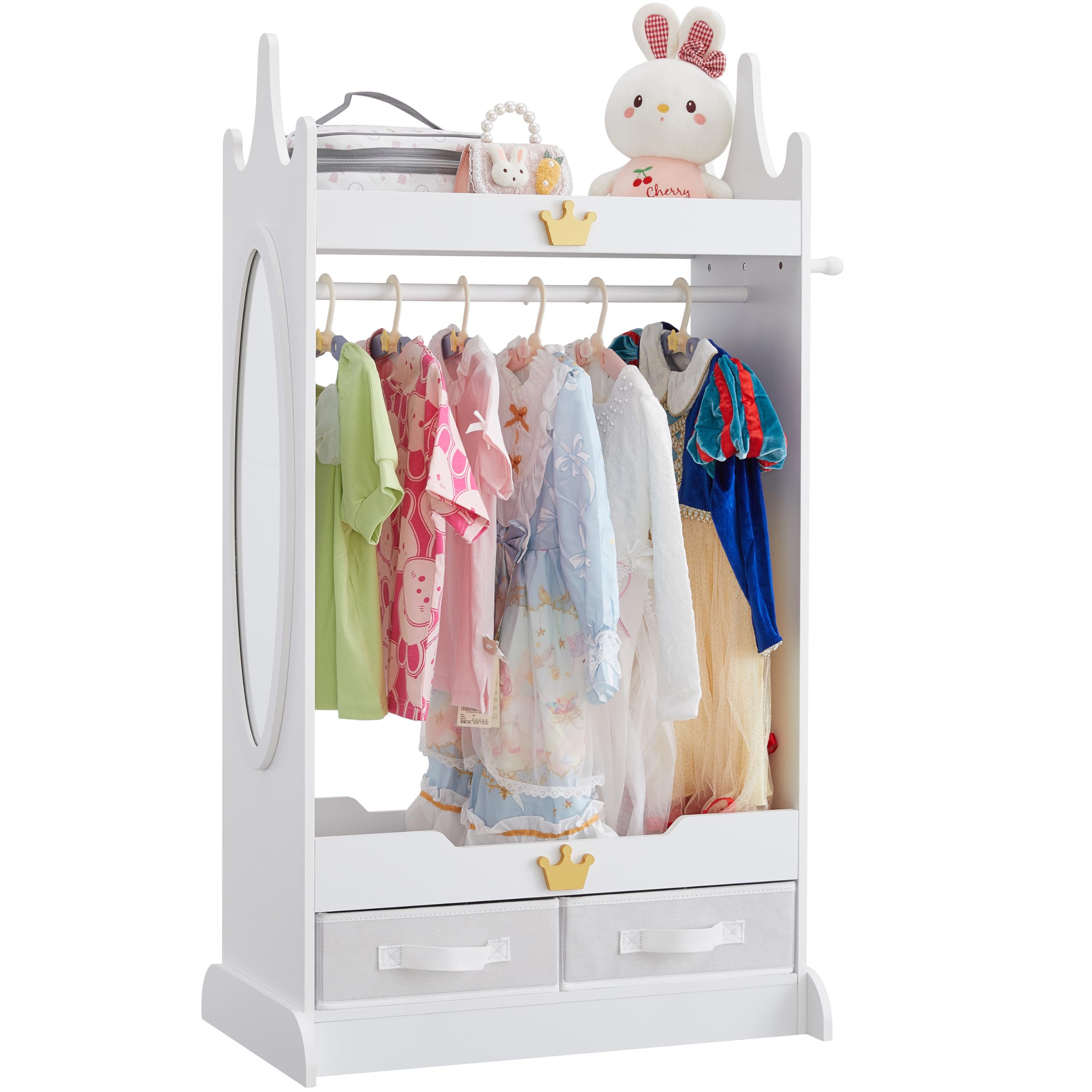 Kids Dress Up Storage Armoire with Mirror & 2 Non-Woven Drawers - White Costume Closet with Hanging Rack for Toddlers | Perfect for Bedroom, Playroom & Dress-Up Organization