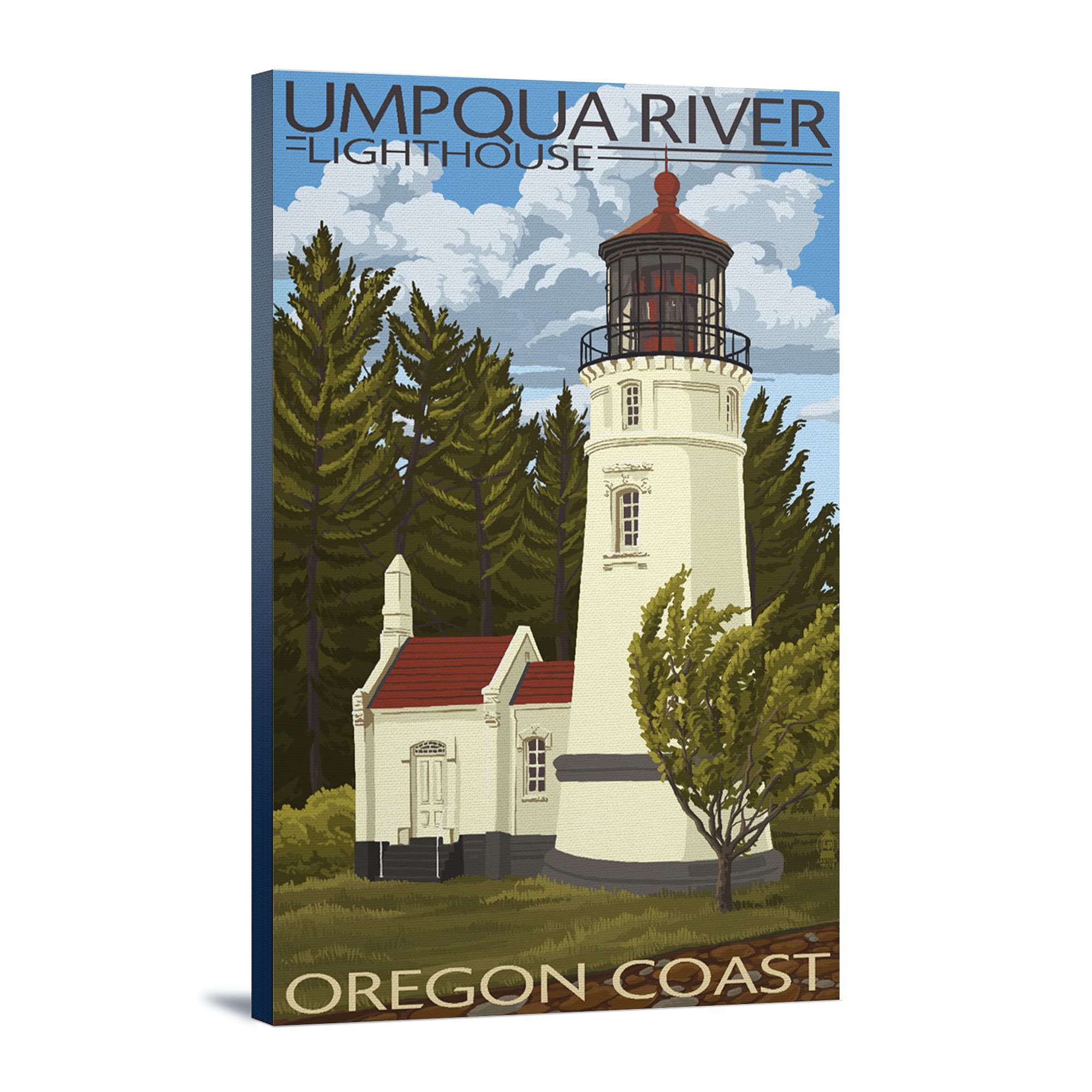 Lantern Press Umpqua River Oregon Lighthouse Art Print - 16x24 Wrapped Canvas Wall Decor for Living Room, Bedroom & Office - Coastal Landscape Painting for Home Decoration
