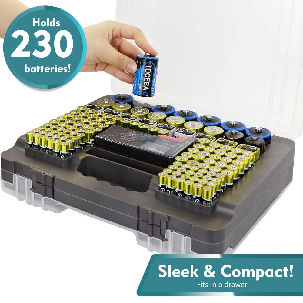 X-Value Battery Organizer Case - Portable Storage Box Holds 230 AA AAA C D 9V Batteries with Built-in Tester (Batteries Not Included) - Perfect for Home, Office, Travel & Emergency Kits (Grey)