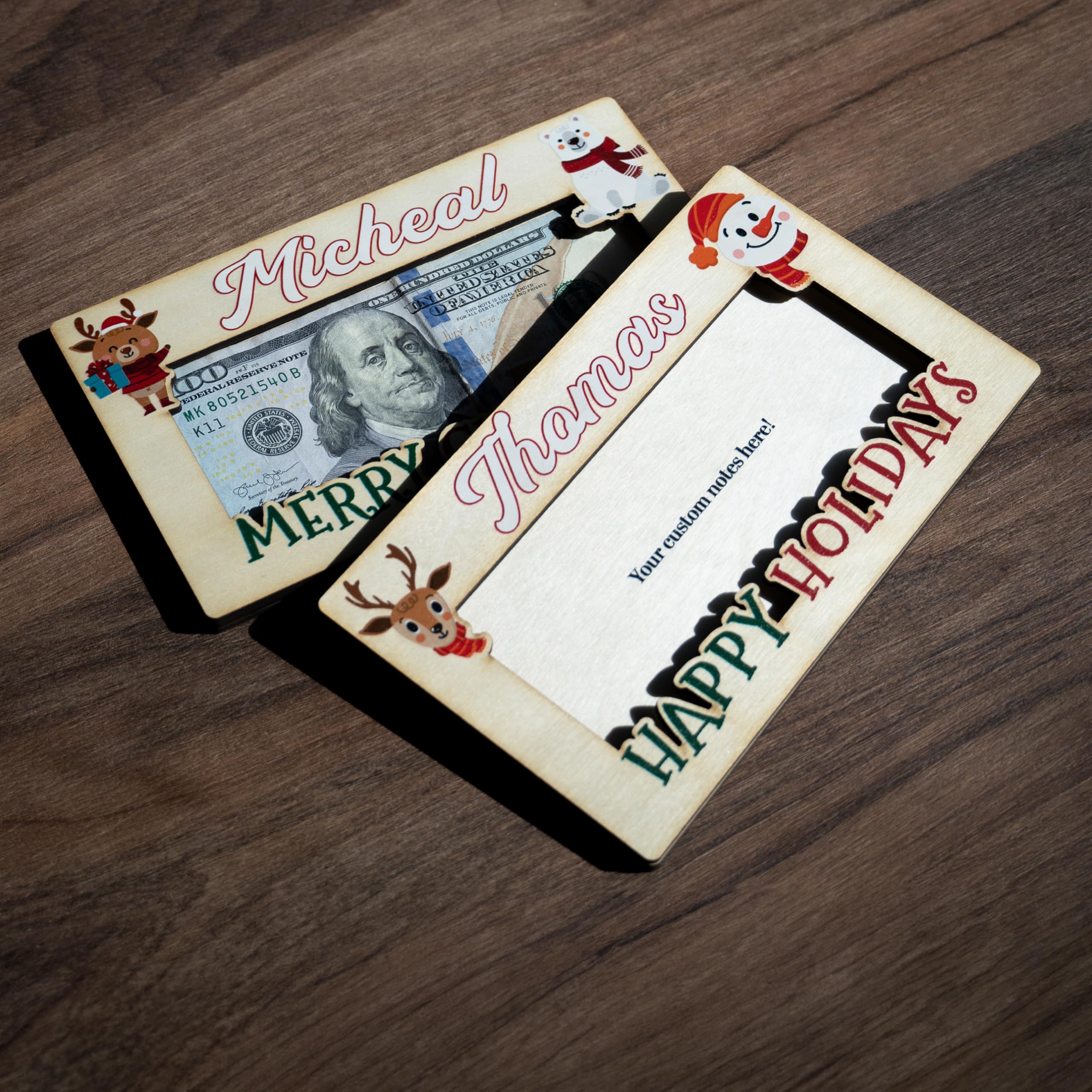 Personalized Christmas Money Holder - Custom Wooden Cash Gift Envelope with Name - Double Layer Design (6 Styles) - Perfect for Holiday Gifts, Stocking Stuffers & Christmas Presents