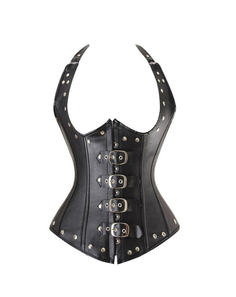 Black Leather Steampunk Corset - Halter Neck Underbust Waist Cincher Basque for Women | Gothic Lingerie, Burlesque Costume, Cosplay & Victorian Fashion