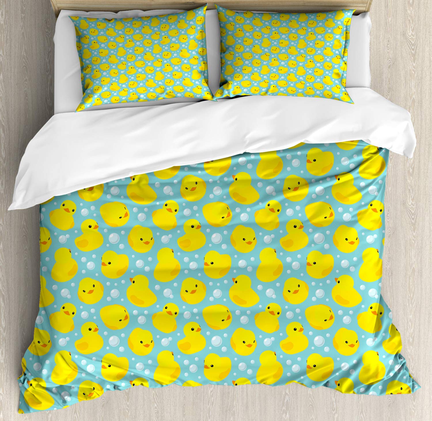 Ambesonne Rubber Duck Duvet Cover Set - King Size 3-Piece Bedding with 2 Pillow Shams, Fun Water-Inspired Duck & Bubble Pattern in Turquoise Yellow Orange - Perfect for Kids' Rooms, Bathroom Themed Decor & Whimsical Bedroom Designs