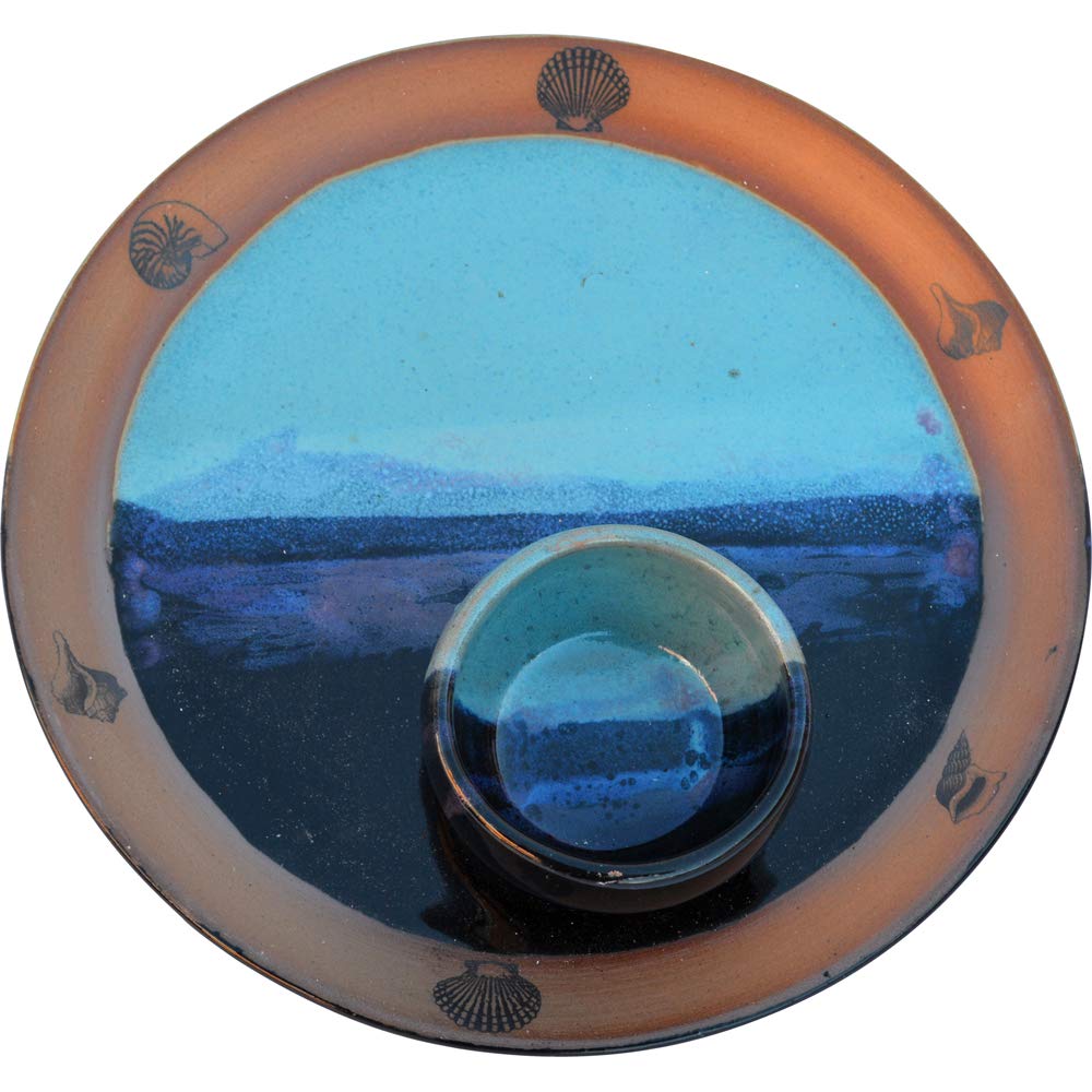 Handmade Ceramic Serving Platter & Dipping Bowl - Chip and Dip Party Plate with Shell & Mountain Waves Glaze - Traditional Polished Stoneware Appetizer Dish - Perfect for Entertaining, Parties, Snacks & Charcuterie Boards