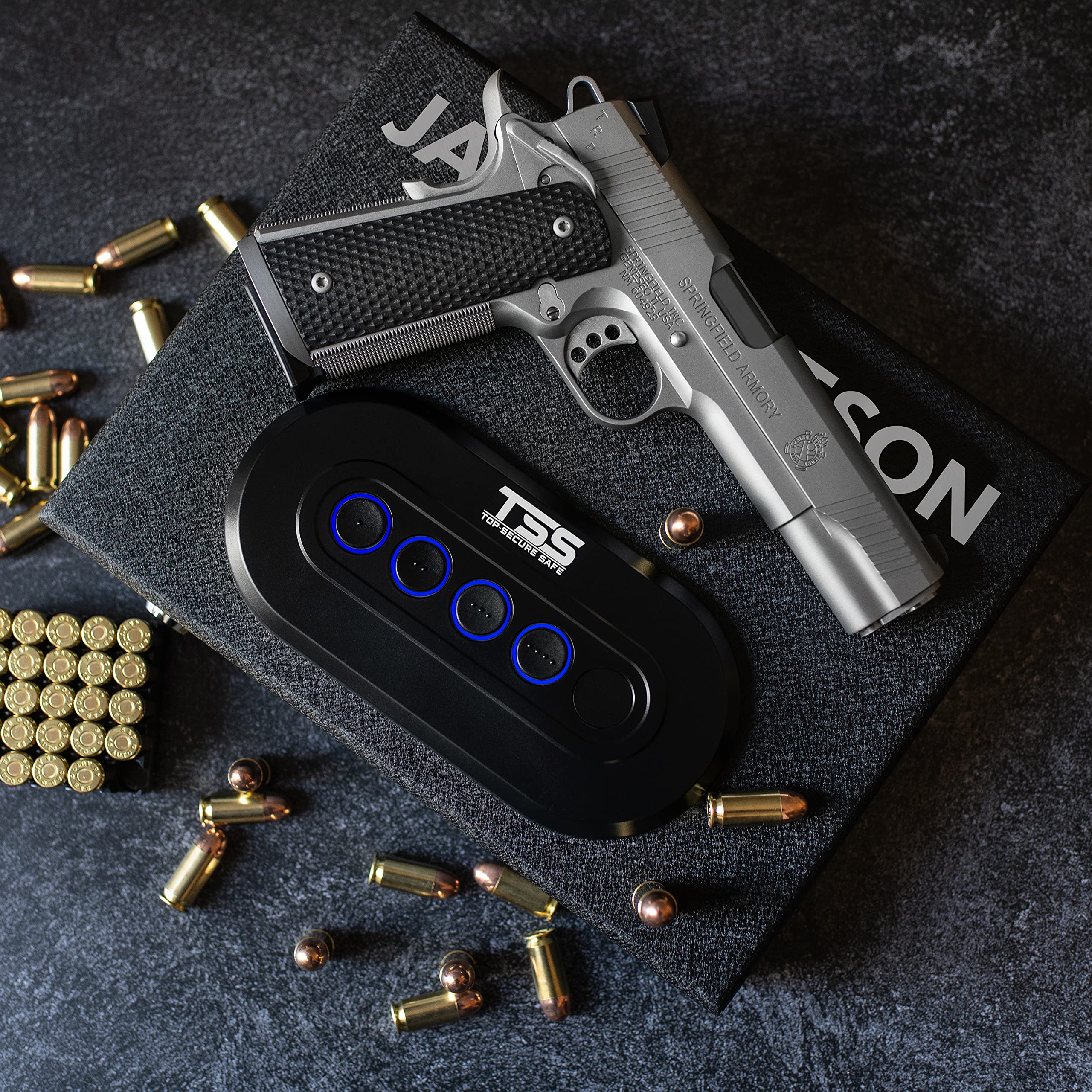 Personalized Gun Safe with Custom Text | 14 Font Options | Quick-Access Handgun Safe for Pistols with Digital Keypad & Backup Key Lock - California DOJ Certified | Perfect for Home, Office & Vehicle Security - Great Birthday Gift for Husband & Men