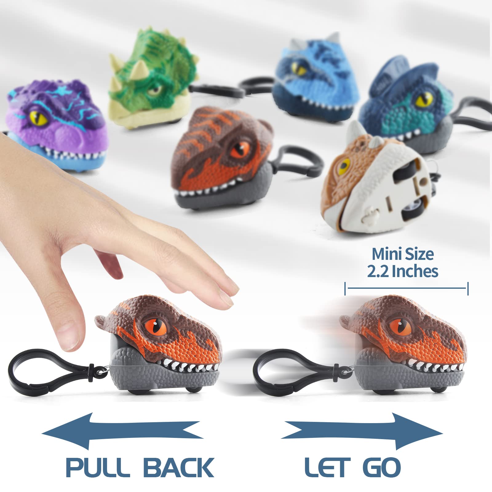 DINOBROS 6 Pack Dinosaur Pull Back Car Toys - Finger Biting Dino Chomper, Snap On Backpack Keychain Grabber Gadgets for Kids Ages 3-7 - Fun Jurassic Dinosaur Toys for Birthday Gifts, Party Favors & Classroom Rewards