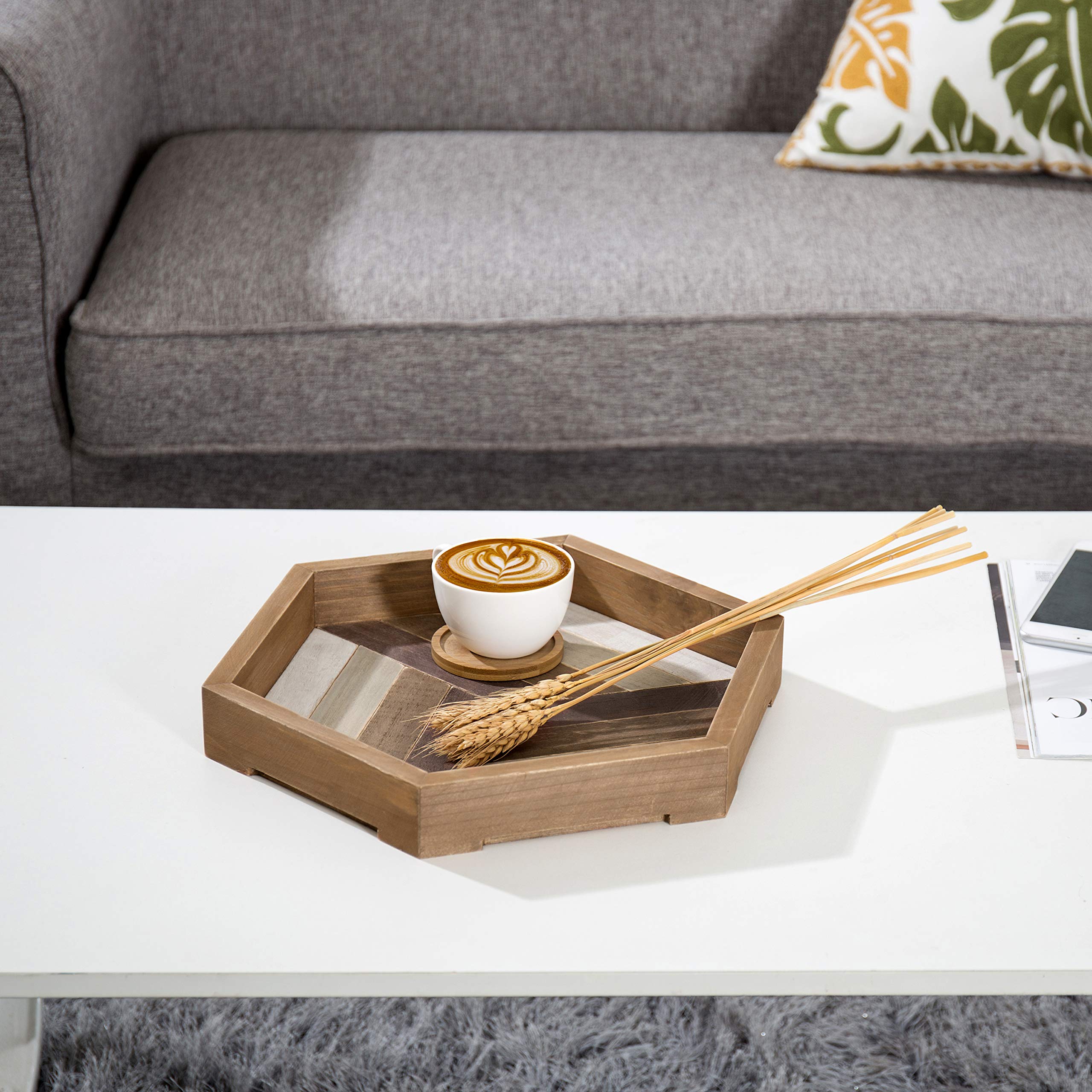 MyGift 12 Inch Rustic Wood Serving Tray with Geometric Chevron Design - Decorative Ottoman Coffee Table Tray for Living Room, Bedroom & Home Decor