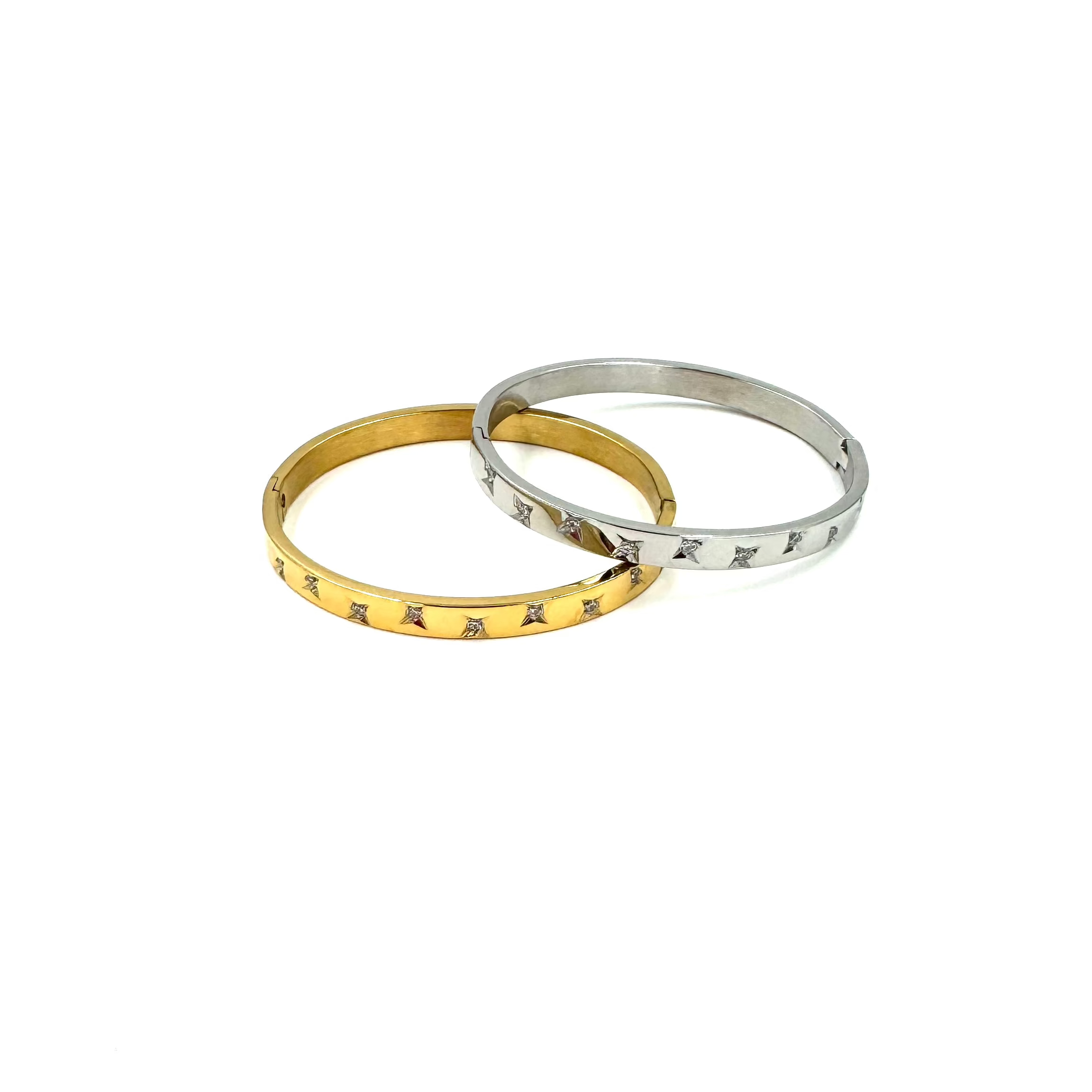 Ashley Gold Stainless Steel Assorted Star CZ Design Bangle Bracelet for Women - Elegant Cubic Zirconia Jewelry Gift for Birthday, Anniversary & Special Occasions