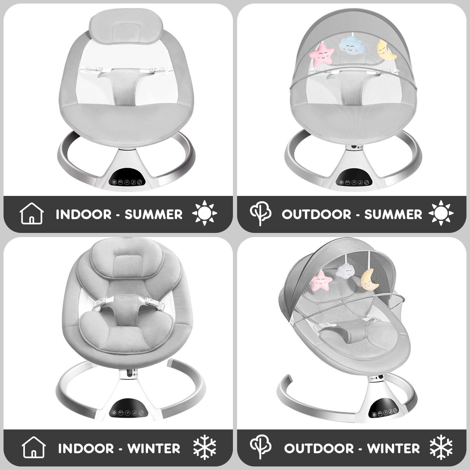 HARPPA Electric Baby Swing for Infants 0-12 Months, Portable Automatic Rocker with Bluetooth Music & 12 Soothing Lullabies - Perfect for Nursery, Bedtime & Travel (Grey)