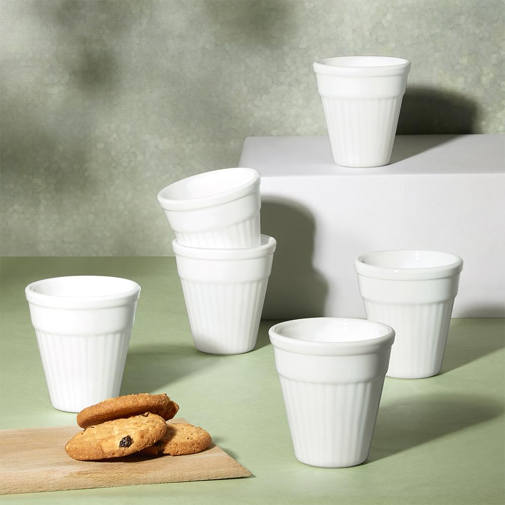 BOROSIL Larah 6-Piece Opalware Tea & Coffee Kulhad Set - 100ml Each, Microwave & Dishwasher Safe, Bone-Ash Free - Perfect for Home, Office, Parties & Gifting (White)