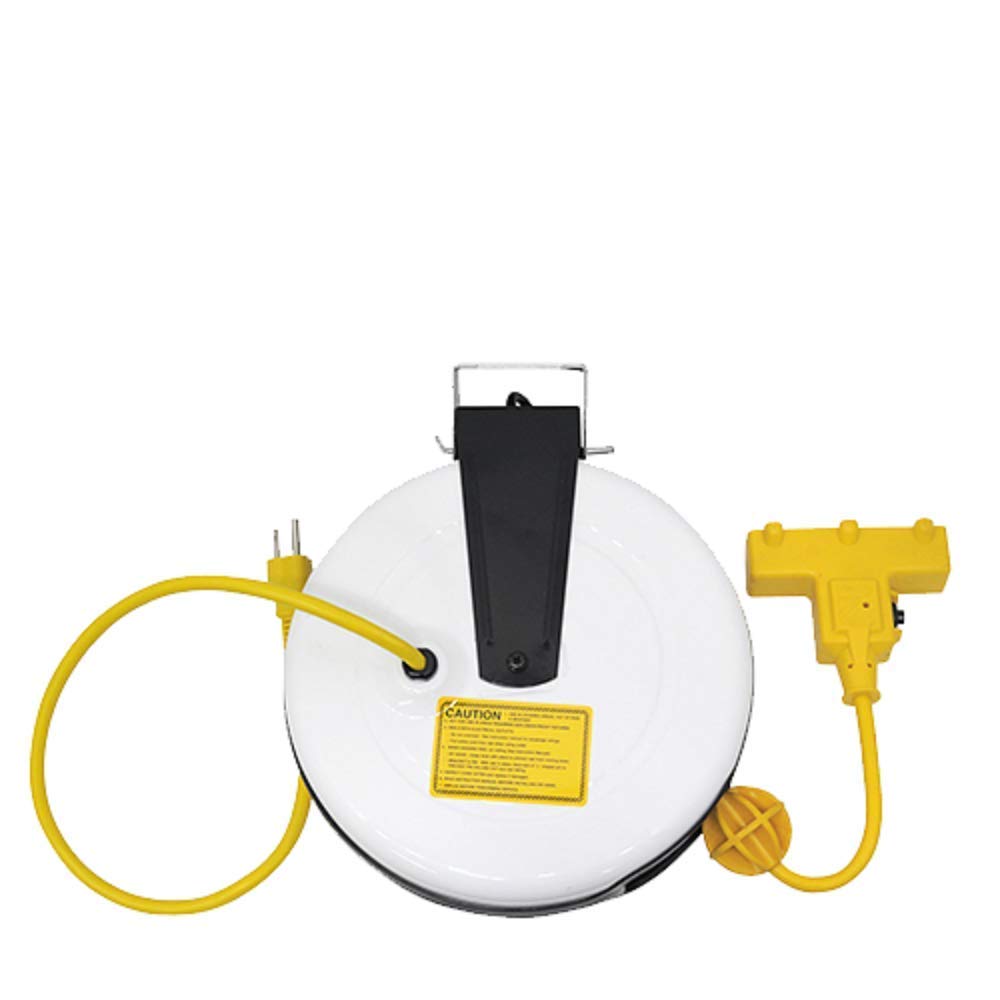30ft Electric Cord Reel with 3 Outlets - Heavy Duty Retractable Extension Cord for Workshops, Garages & Outdoor Use - 3173 Model