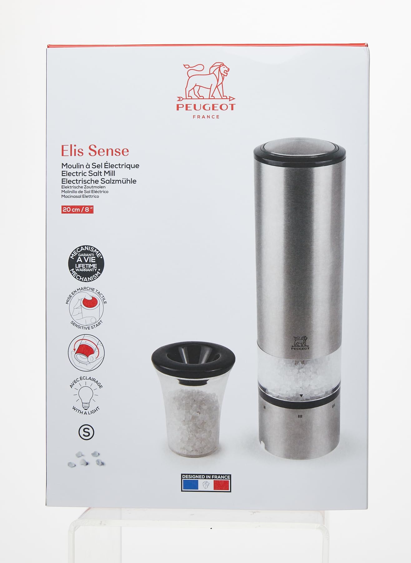 Peugeot Elis Sense u'Select Electric Salt Grinder - Adjustable Coarseness, Battery Powered with Blue LED Light - 8 Inch Stainless Steel Mill for Kitchen, Dining Table & Gourmet Cooking