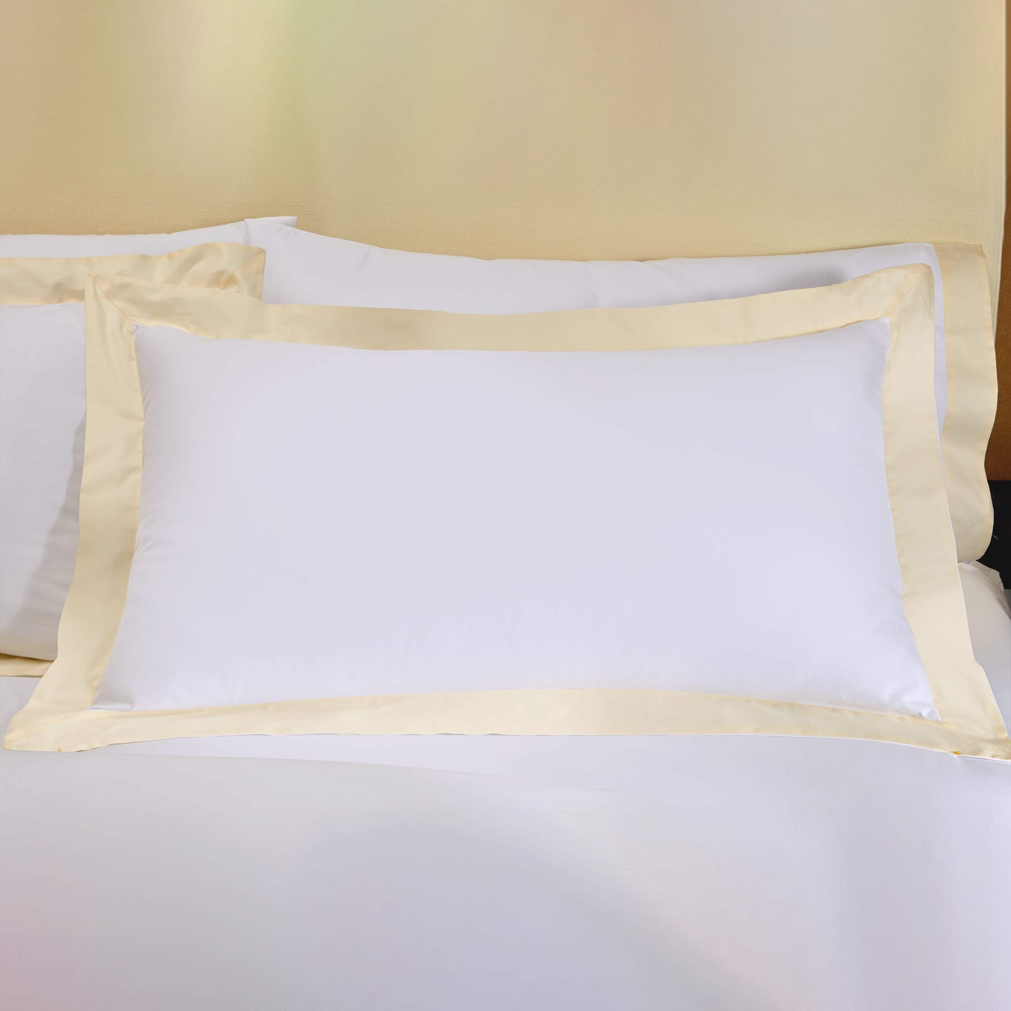 Luxury Champagne Pillow Shams Set of 2 - 300 Thread Count Cotton Sateen Pillowcases - White with Champagne Flange - Queen Size 21