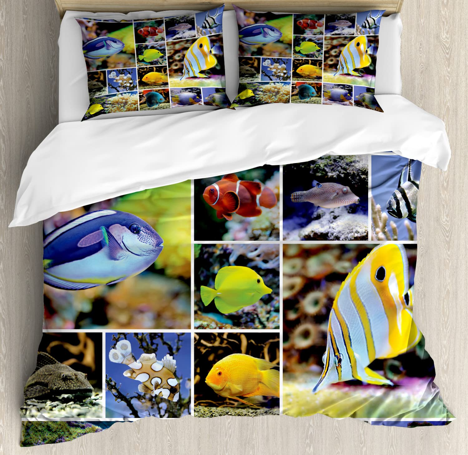 Ambesonne Tropical Fish Ocean Duvet Cover Set - King Size 2-Pack with 2 Duvet Covers & 4 Pillowcases, Vibrant Underwater Coral Reef Design in Blue & Yellow - Perfect for Beach House Bedrooms, Coastal Decor & Ocean-Themed Guest Rooms