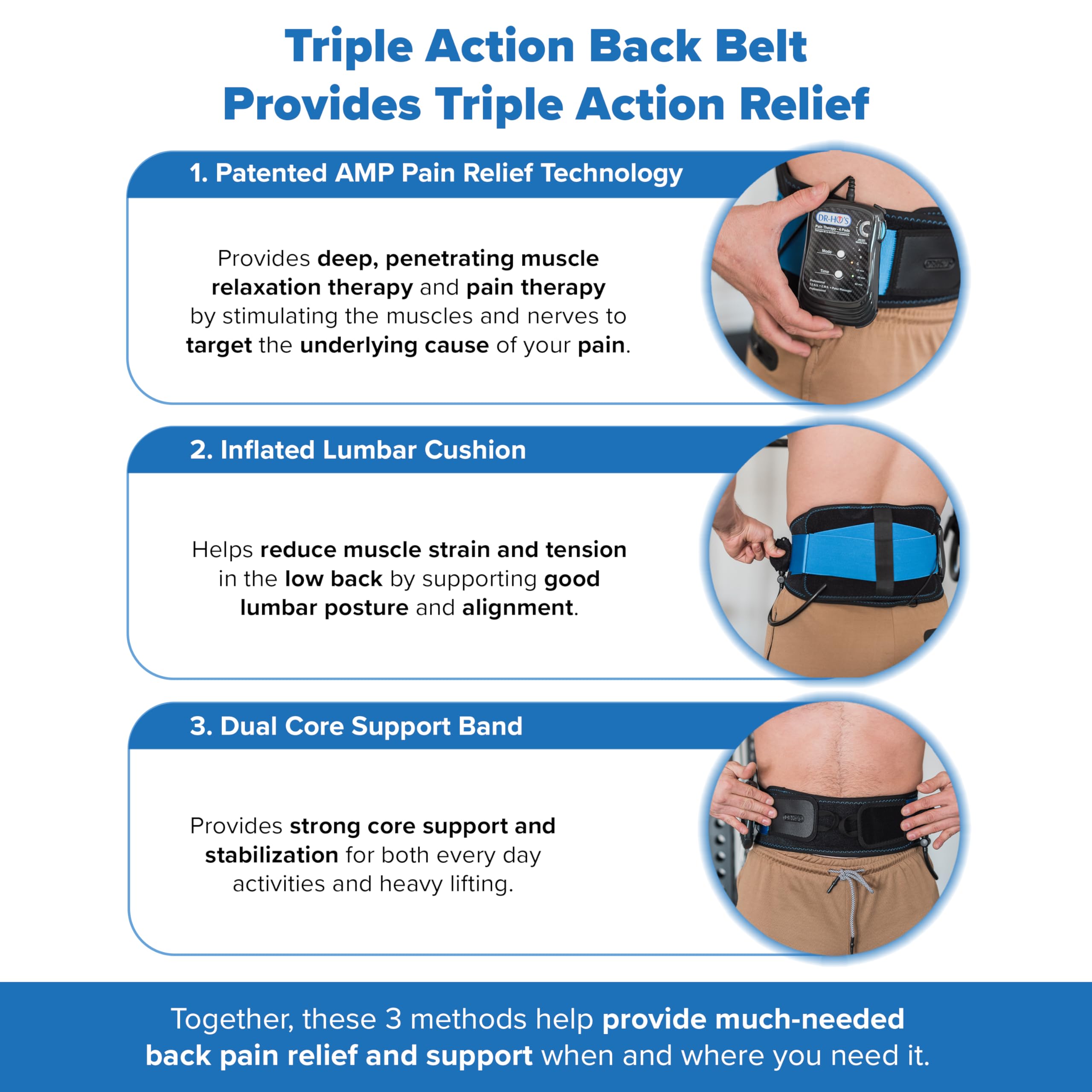 Dr Ho's Triple Action Back Belt - TENS & EMS Muscle Stimulator for Lower Back Pain Relief, Adjustable Therapy Belt for Home & Office Use