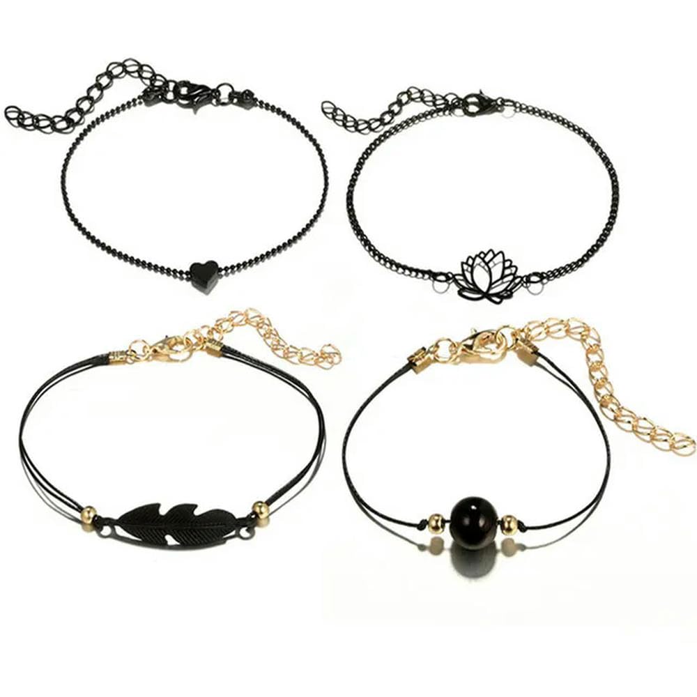 4pcs Women's Pearl Anklet Set - Hollow Lotus Leaf Foot Chain with Black Braided Rope - Summer Beach Jewelry for Women - Perfect for Vacation, Wedding, Boho Style Accessories