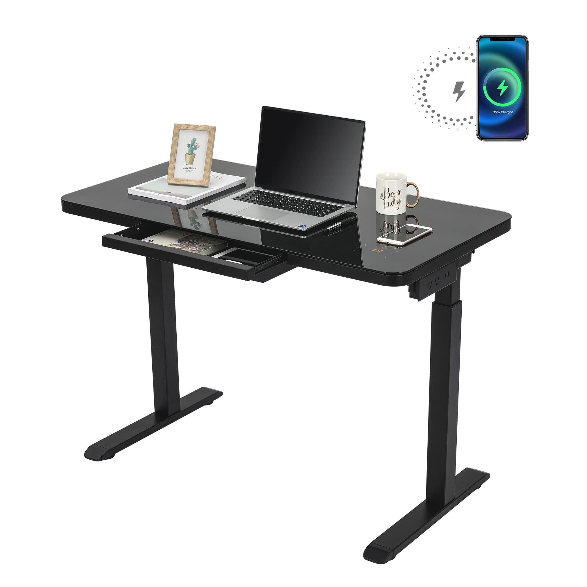 FARRAY 45 x 23 Inch Electric Standing Desk with Wireless Charger - Dual Motor Height Adjustable Office Desk with Touch Control, Power Strip, USB Ports & Storage Drawer - Black Sit Stand Desk for Home & Office Workspace