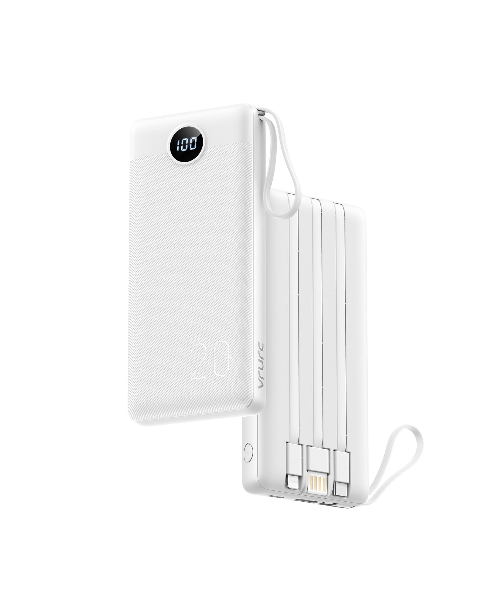 VRURC 20000mAh Power Bank with Built-in Cables | PD 18W QC 3.0 Fast Charging Portable Charger | 5 Outputs & 2 Inputs USB C Battery Pack for iPhone, Samsung, Android Phones | Perfect for Travel, Camping, and Emergency Charging