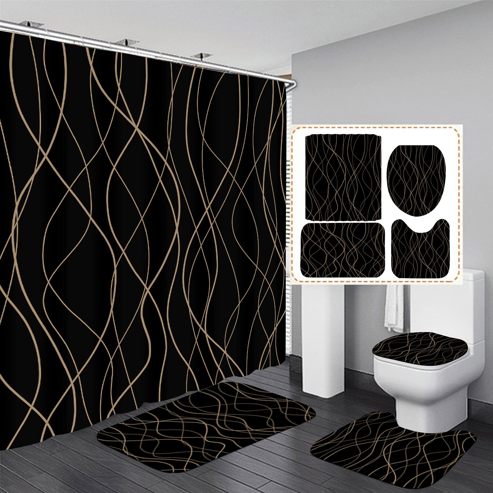 Stylish Black and Gold Wavy Stripe Shower Curtain Set with Non-Slip Bath Rug, Toilet Cover & Mat - Modern Bathroom Decor for Luxury Spa-Like Experience