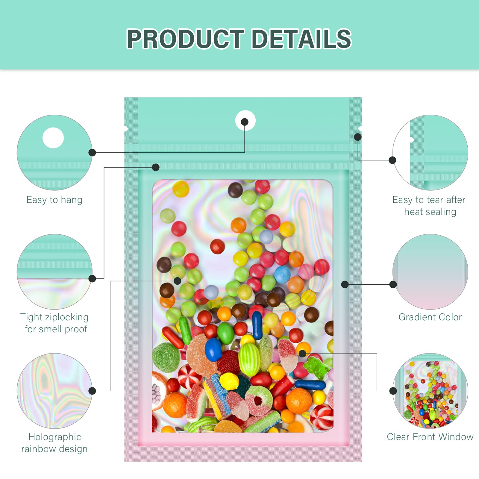 100-Pack Holographic Gradient Resealable Mylar Bags with Clear Window - 4.7x7.8 Inch Stand-Up Ziplock Pouches for Party Favors, Candy Packaging, Sample Storage & Retail Display (Green & Pink)
