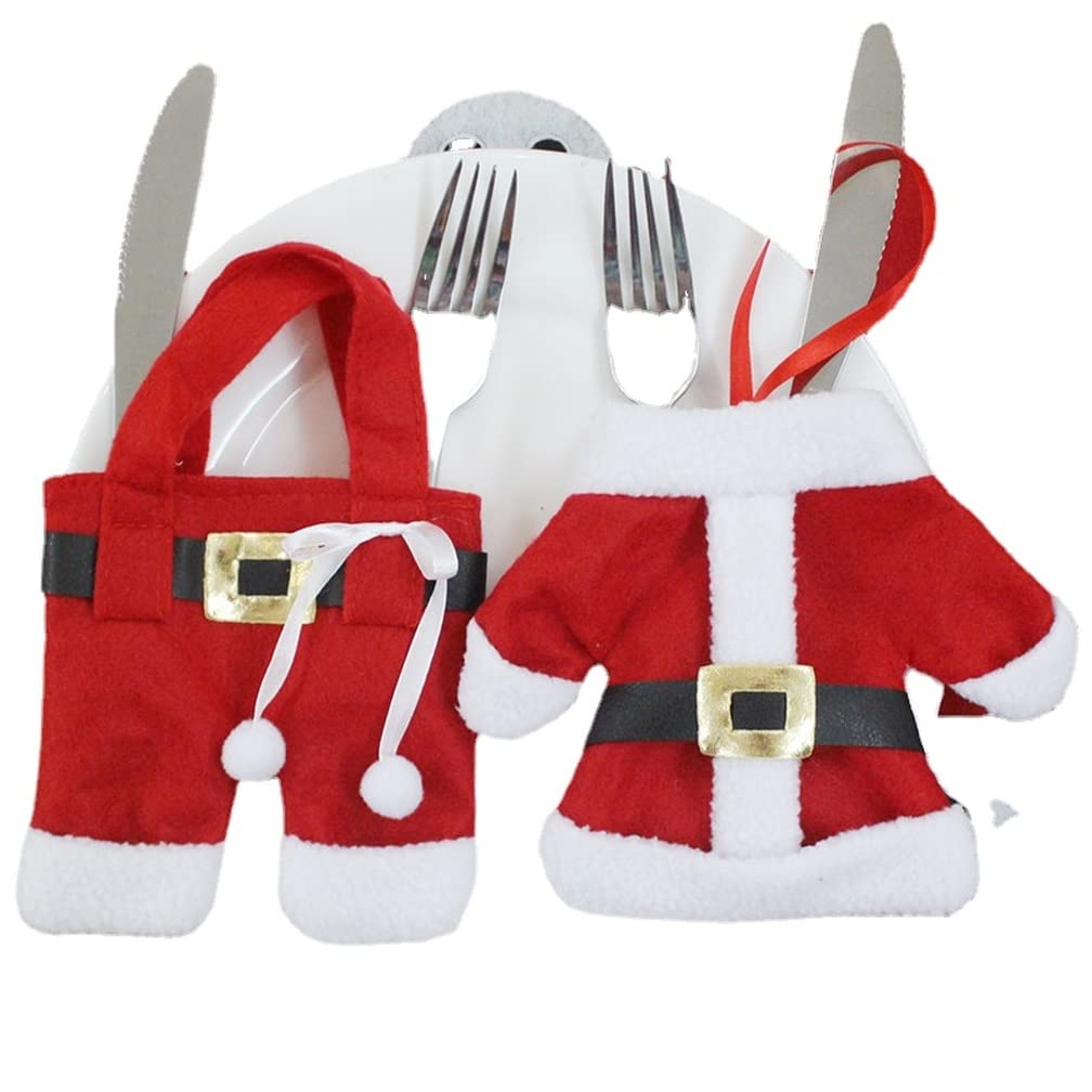 Bokerom 2-Piece Santa Suit Silverware Holder Set - Christmas Cutlery Pockets for Knives & Forks - Festive Table Decor for Holiday Parties, Dinner, and Hotel Events (Santa & Reindeer Theme)