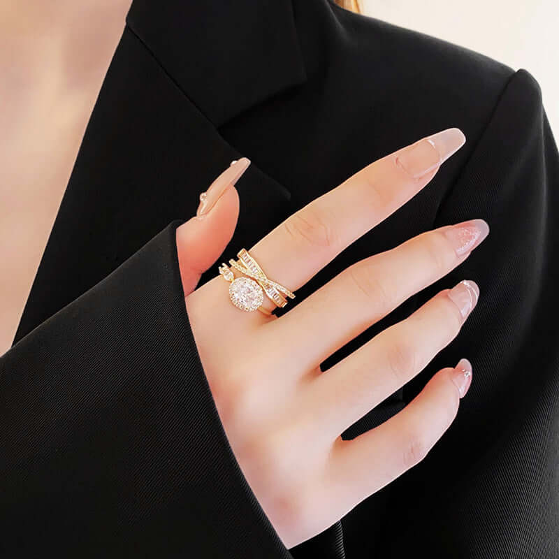 Emerald Green CZ Layered Cross Stacking Ring Set for Women | Elegant Jewelry Gift for Christmas, Birthday & Anniversary | K4205