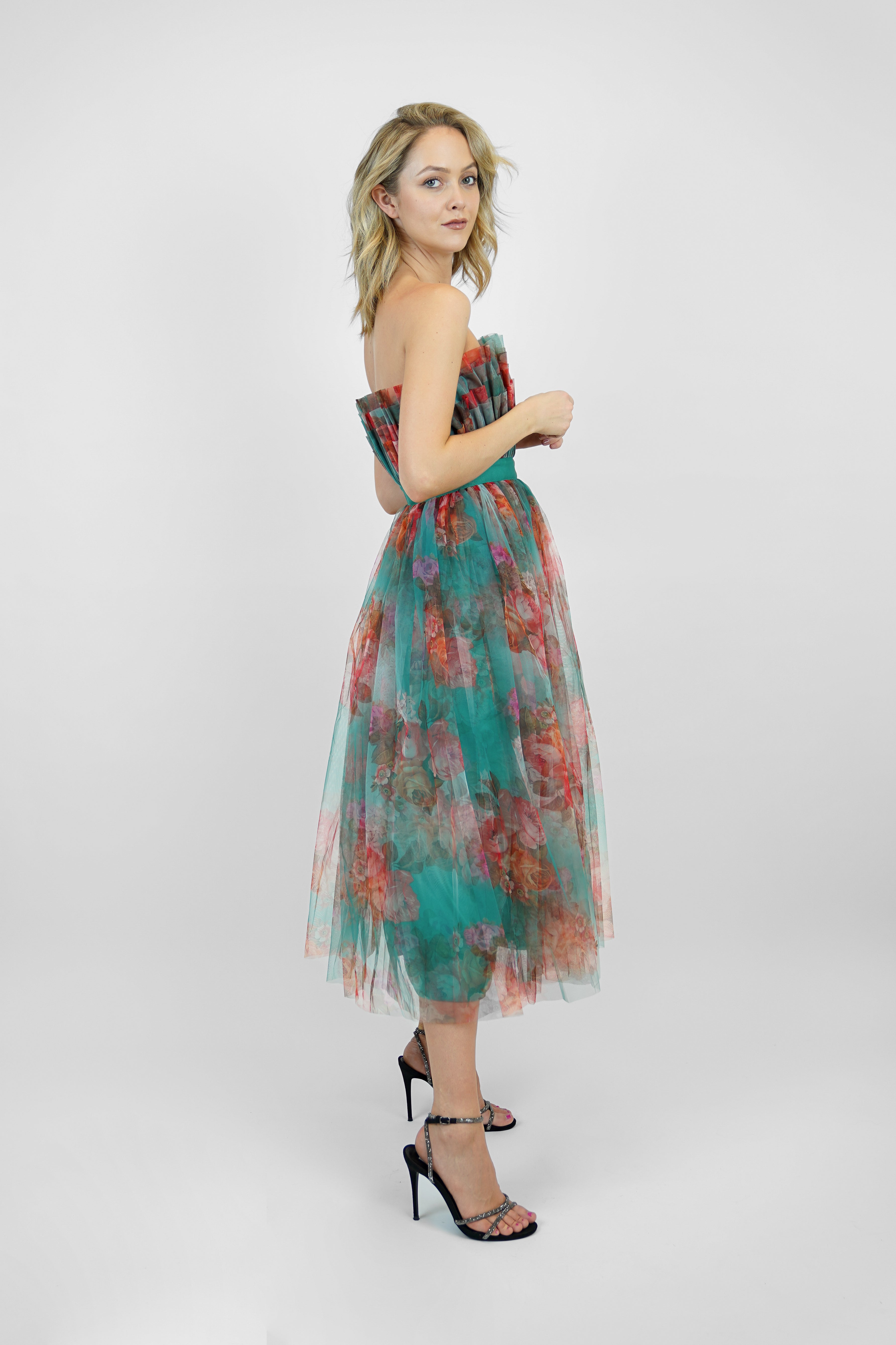 Verity Green Floral Print Tulle Midi Dress - Elegant Spring Wedding Guest Dress for Women