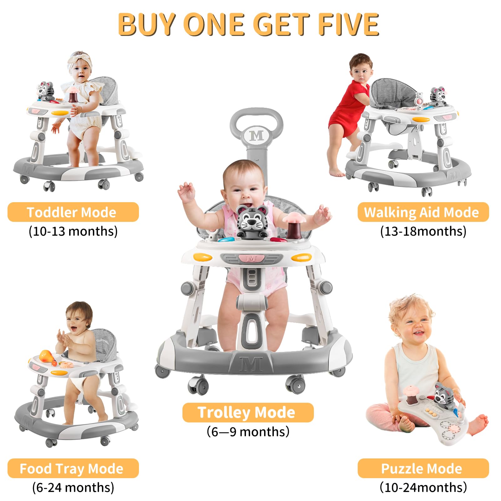 4-in-1 Foldable Baby Walker & Activity Center with Toy Tray - 3-Level Height Adjustable Infant Walker with Wheels for Boys & Girls 6-24 Months (Grey) - Perfect for Learning to Walk, Playtime & Indoor Activities