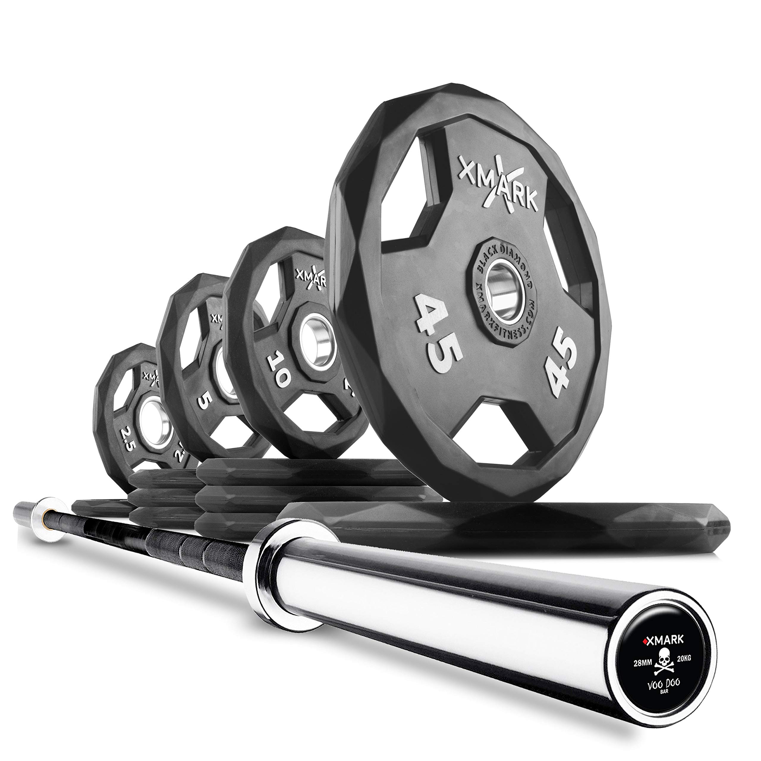 XMark Olympic Weight Set with 7ft Olympic Barbell Bar - 300LB Black Diamond Weight Plates for Home Gym, Strength Training & CrossFit Workouts