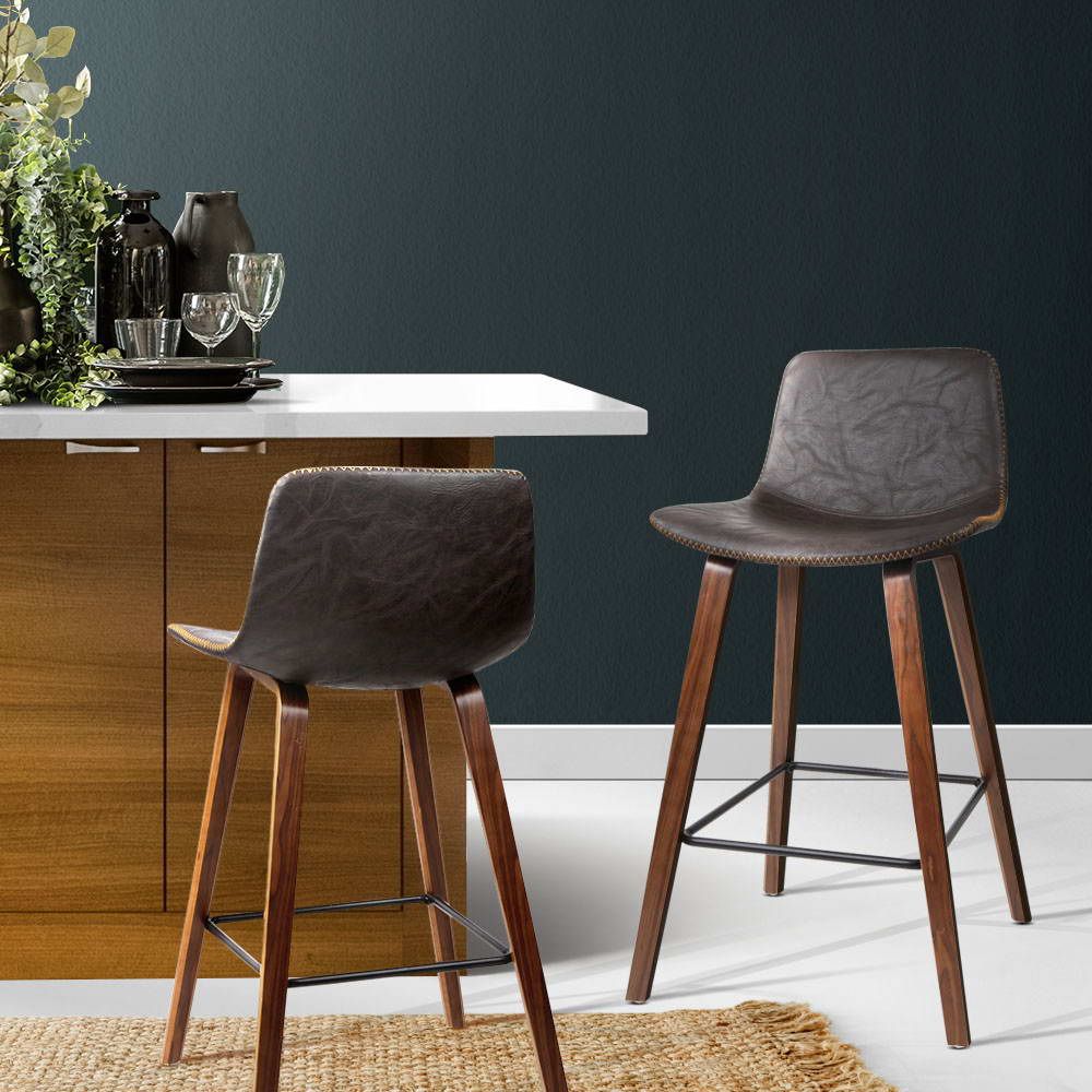 Premium Leather & Wooden Bar Stools Set of 2 - Adjustable Height Kitchen Counter Stools for Breakfast Nook, Home Bar & Dining Area