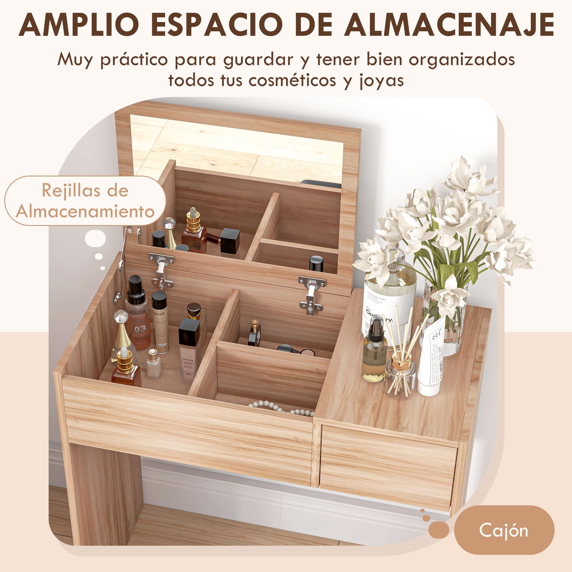 HOMCOM Makeup Vanity Table with Stool, Flip Top Mirror & Storage Boxes, 80x40x79cm & 40x30x40cm, Natural Wood - Perfect for Bedroom, Dressing Room & Beauty Salon Organization