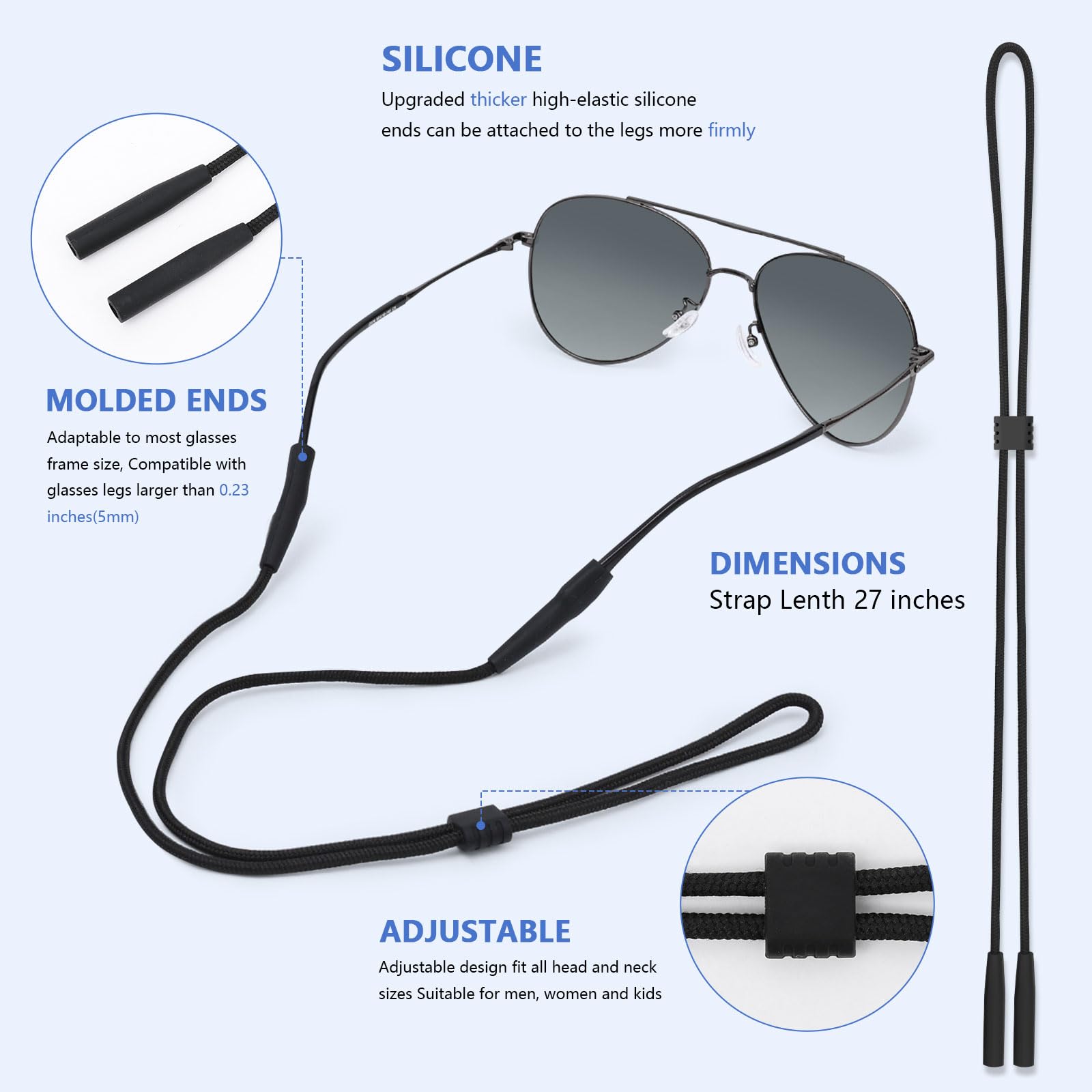 Upgraded 3PCS Sports Glasses Strap - Adjustable Eyewear Holder for Men Women Kids - Neck Lanyard for Running Hiking