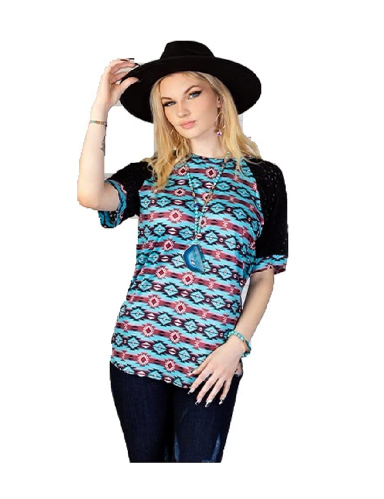 Women's Aztec Print Lace Short Sleeve Geometric Top - Blue & Black Boho Blouse for Casual Wear, Summer Outfits, and Festival Fashion | Sizes XS-L