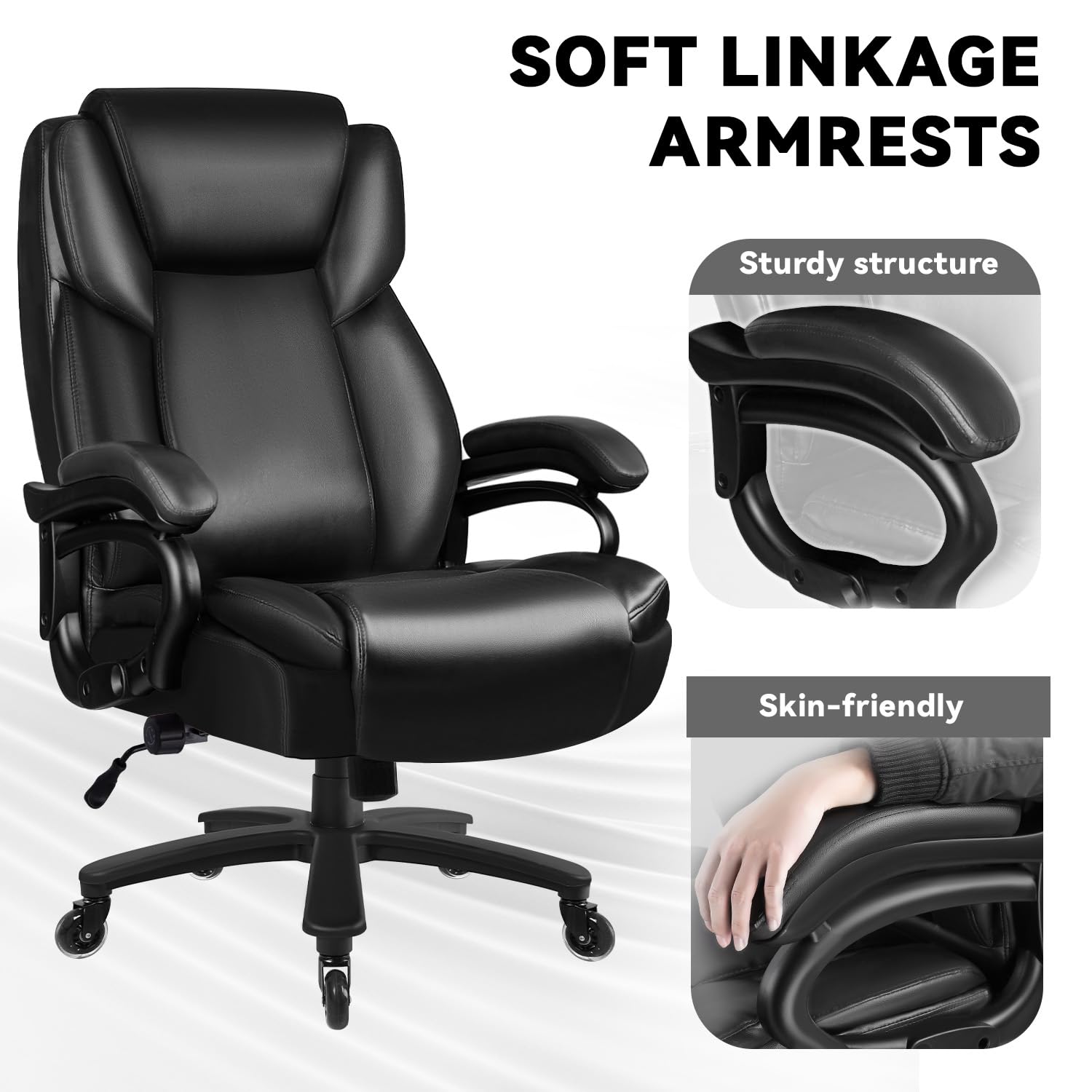 Big and Tall Office Chair 500lbs - Heavy Duty Executive Leather Chair for Large People, Ergonomic High Back Office Chair with Lumbar Support, Quiet Rubber Wheels & Extra Padded Seat - Perfect for Home Office, Gaming or Conference Rooms (Black)