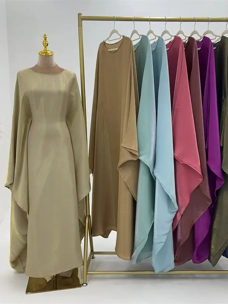 Elegant Batwing Sleeve Satin Abaya Dress for Women - Modest Muslim Prayer Dress for Eid, Wedding & Special Occasions