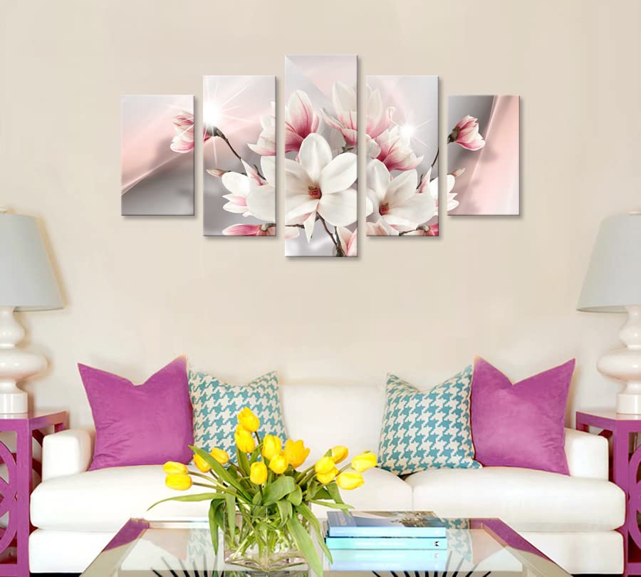 Magnolia in Bloom Modern White Flower Painting - Floral Canvas Wall Art 5 Panels Framed Artwork for Bedroom Decor - Perfect for Living Room, Office & Home Interior Design