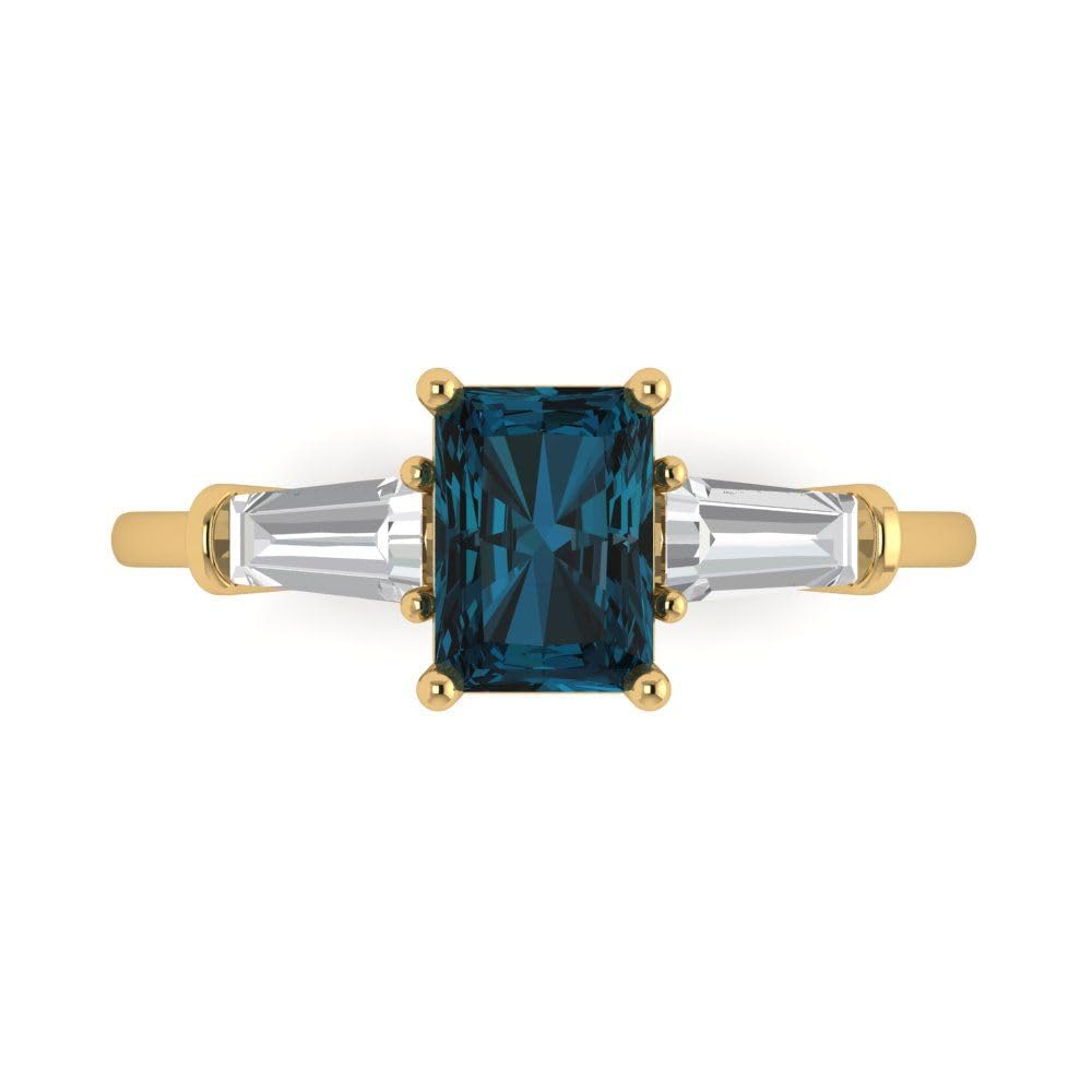 2.0 Carat Emerald Cut Natural London Blue Topaz 3-Stone Engagement Ring in 18K Yellow Gold - Perfect for Wedding, Anniversary & Promise Rings (Bridal Jewelry Gift Idea)