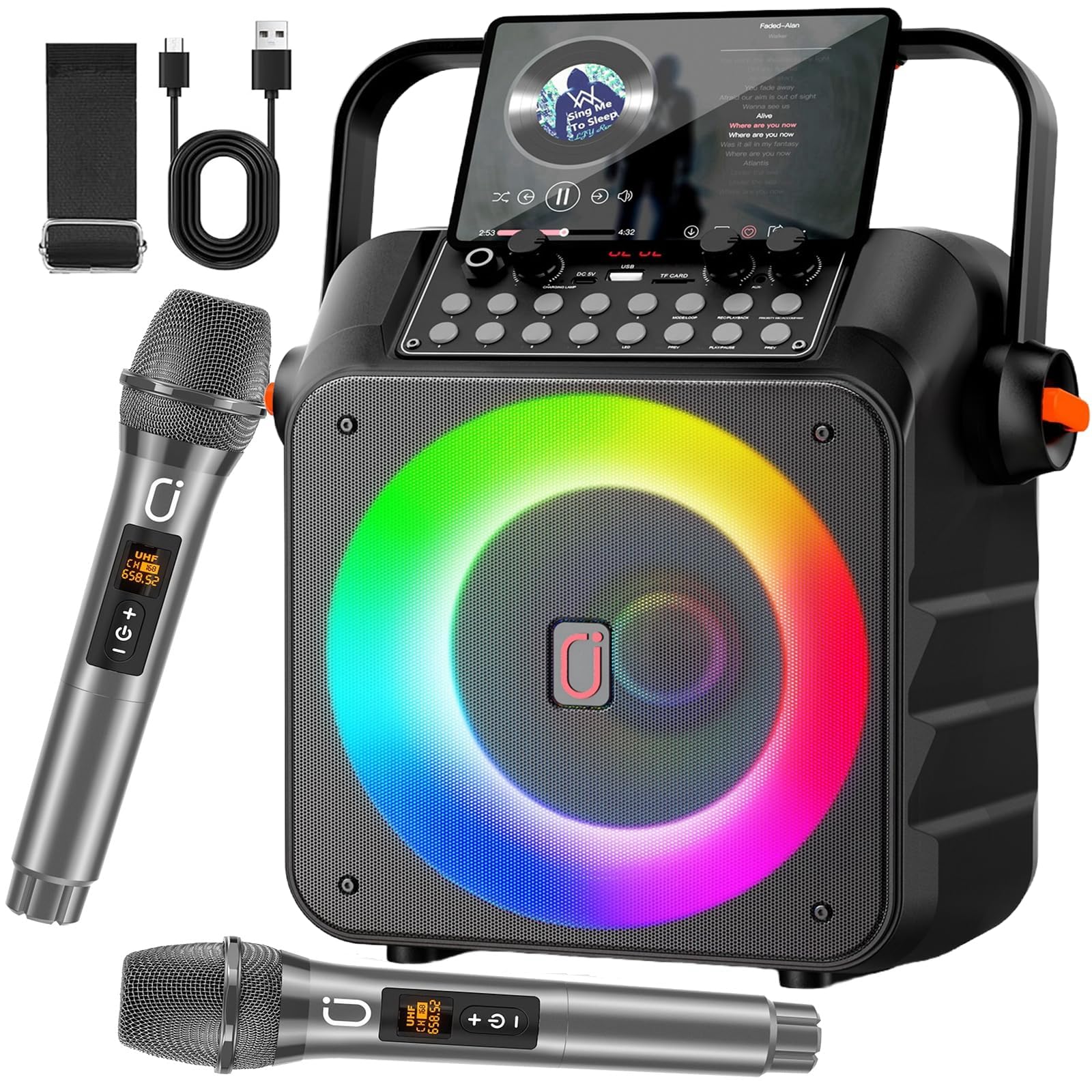Portable Karaoke Machine with 2 Wireless Microphones - Bluetooth Speaker, PA System & LED Lights for Home Singing, Outdoor Parties - Perfect Music Gift for Adults & Kids (Ideal for Birthday Celebrations, Family Gatherings & Camping Trips)