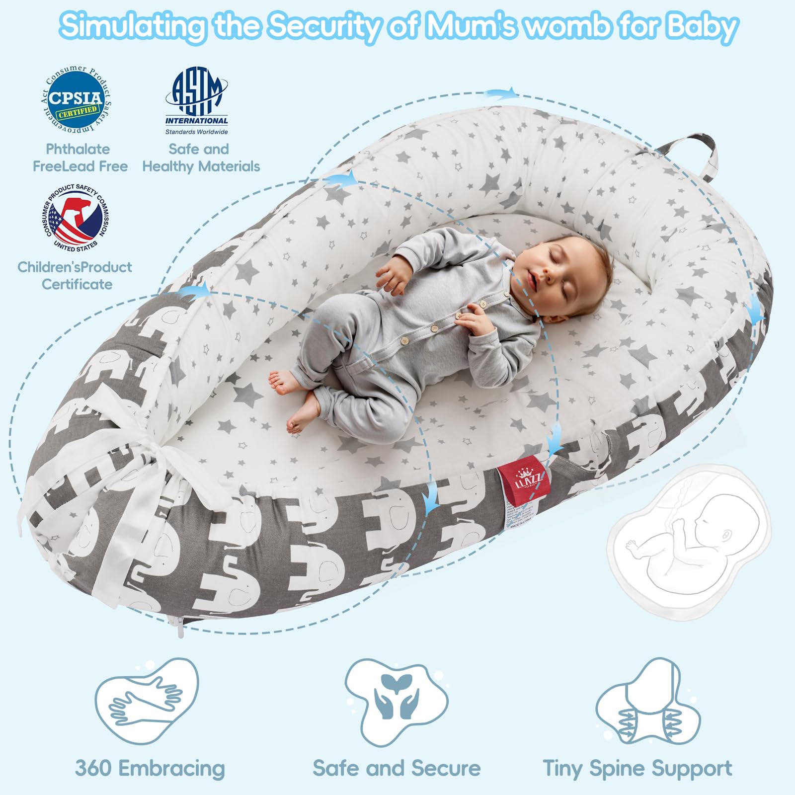 Soft Breathable Baby Lounger & Newborn Nest Bed - Portable Co-Sleeper Bassinet for Boys & Girls | Gray Elephant Design | Perfect for Nursery, Travel & On-the-Go Parenting