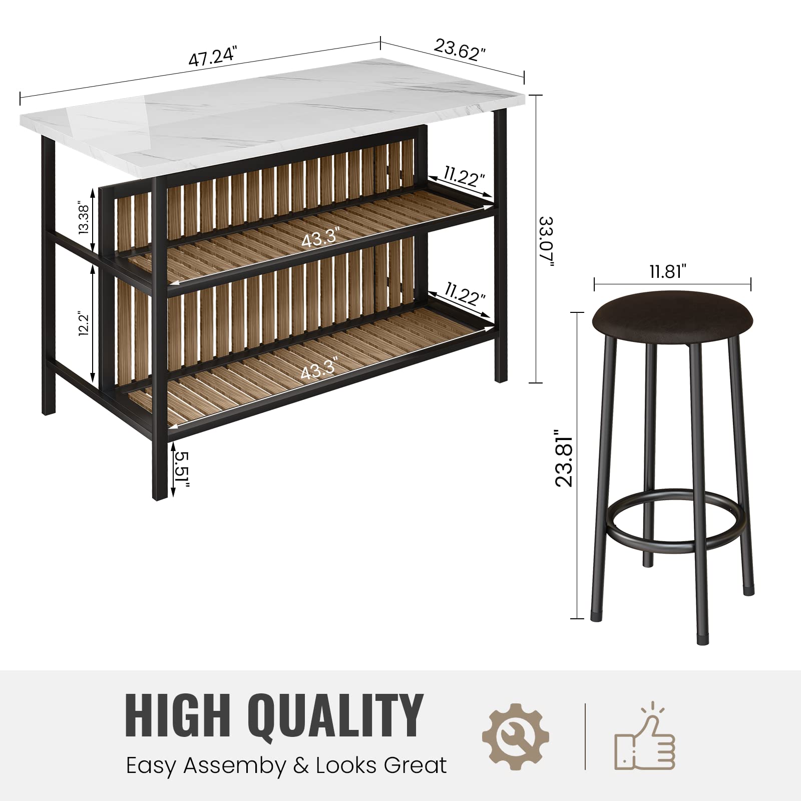 Modern White Kitchen Island with Seating for 2 - Faux Marble Countertop, Storage Shelf & Bar Table Set - Space-Saving Dining Solution for Small Kitchens, Breakfast Nooks & Apartment Living
