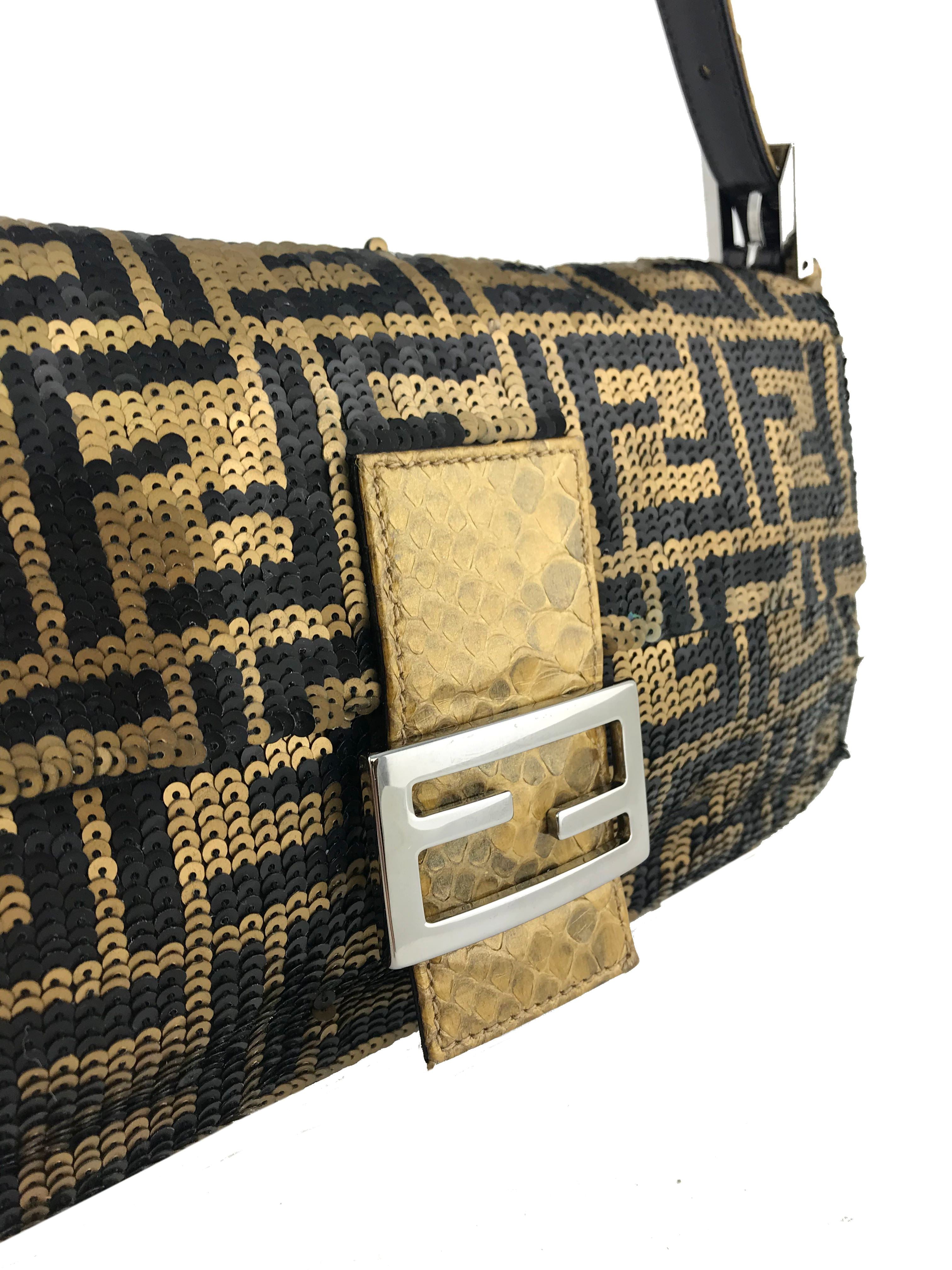 Fendi FF Sequin Snakeskin Baguette Shoulder Bag for Women | Luxury Designer Crossbody Purse | Perfect for Parties, Date Nights & Special Occasions